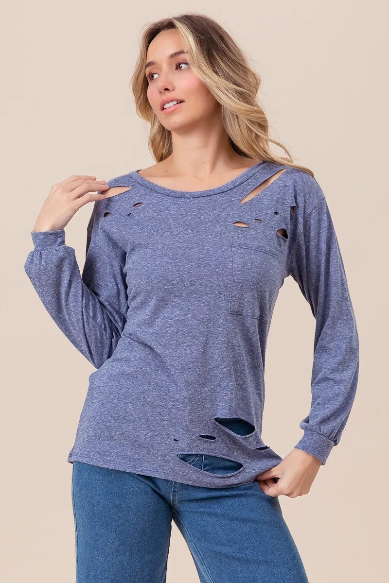 BiBi Triblend Laser Cut Detailed T-Shirt for Women - Soft Comfort Fit Casual Tee for Everyday Wear, Outings & Street Style Fashion