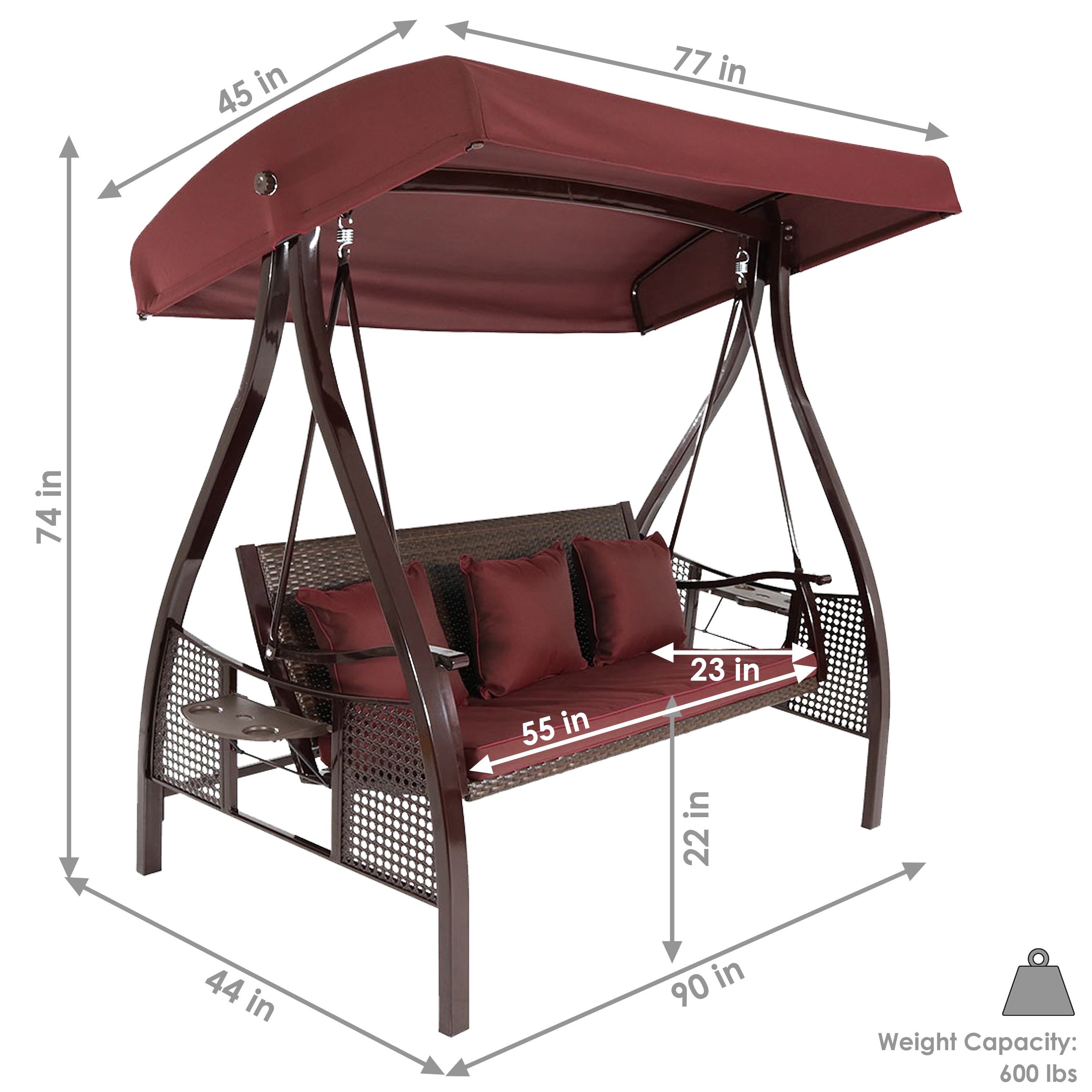 Sunnydaze Deluxe 3-Person Outdoor Patio Swing with Adjustable Canopy & Side Tables - Perfect for Backyard, Garden, or Porch Relaxation