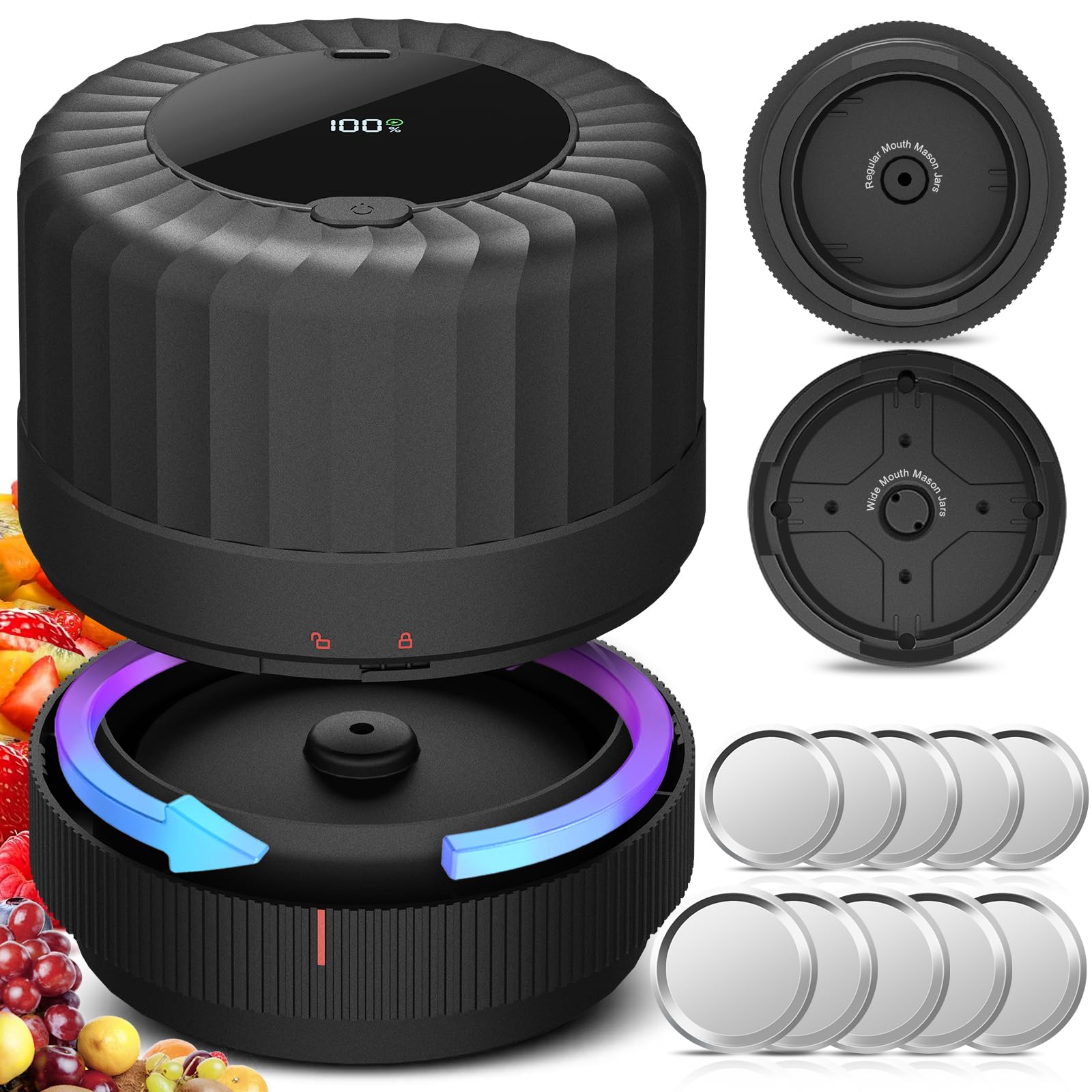 2025 Newest Electric Mason Jar Vacuum Sealer Kit - Wide & Regular Mouth Canning Jar Lids - Perfect for Food Storage, Meal Prep & Home Preserving