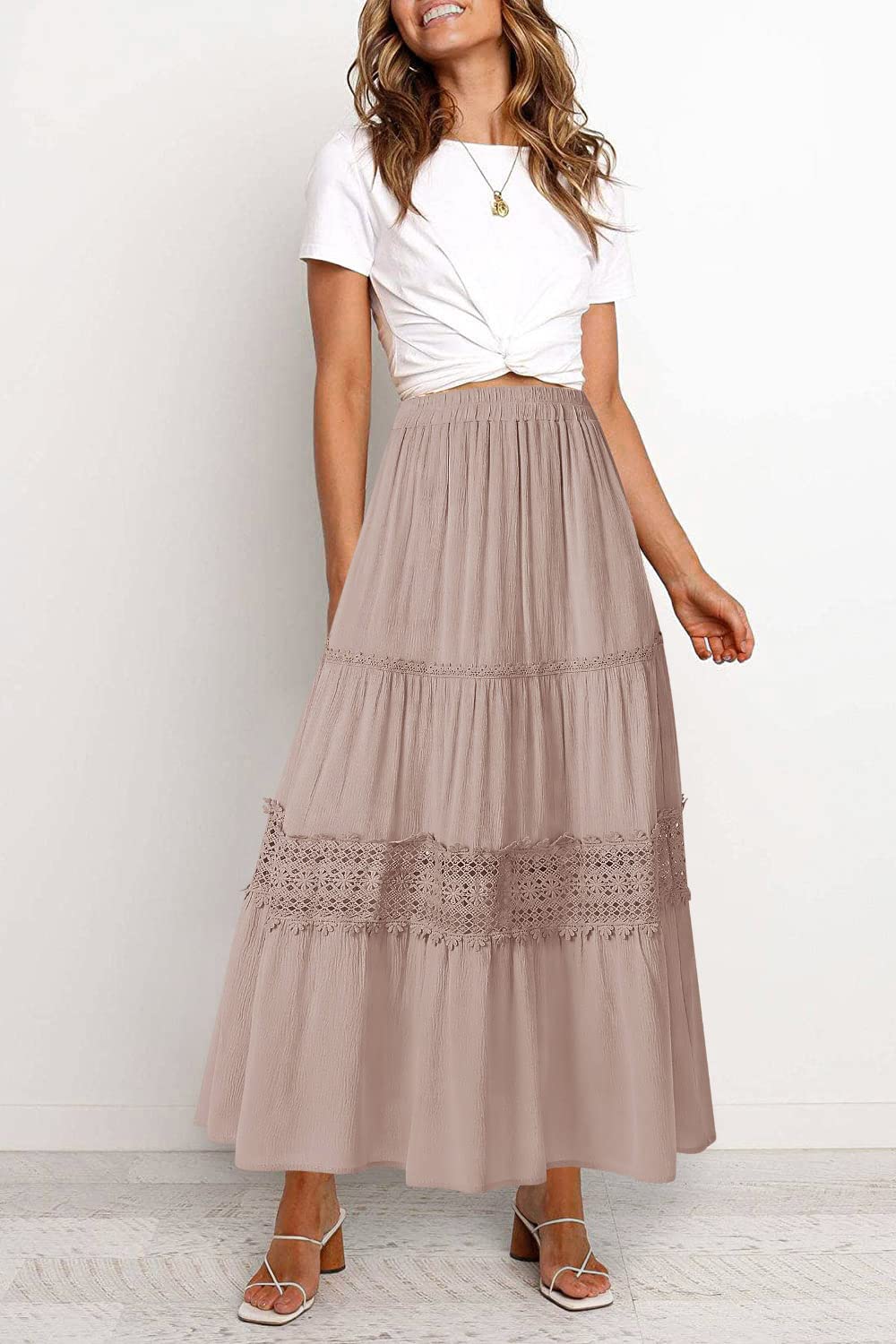 MEROKEETY Women's Bohemian Elastic High Waist Pleated A-Line Ruffle Lace Trim Tiered Midi Maxi Skirt with Pockets - Perfect for Summer, Beach, Vacation & Casual Outfits