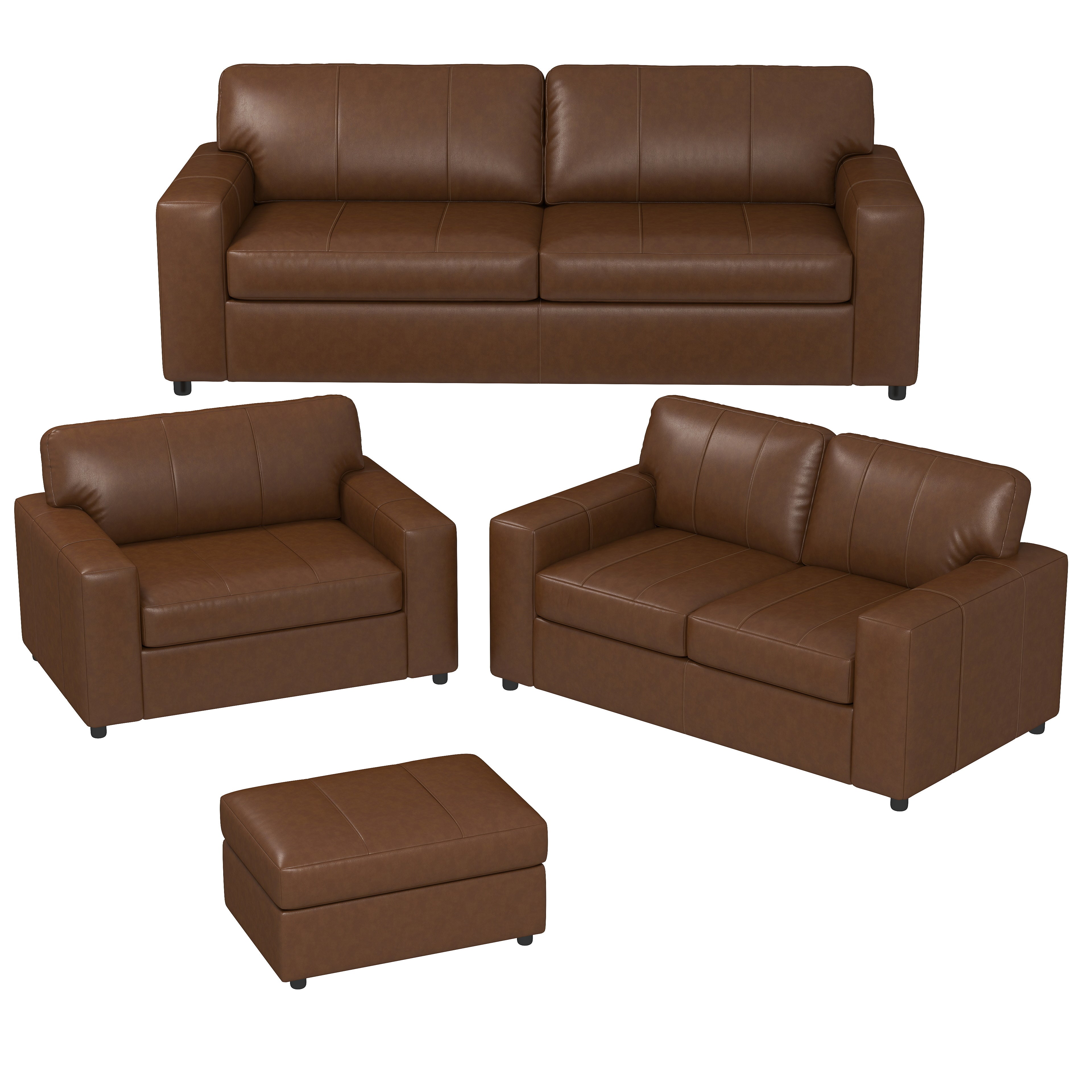 Roundhill Furniture Sakan Genuine Leather Upholstered Living Room Set - Sofa, Loveseat & Chair - Modern Sectional Couch for Home Theater, Family Room & Lounge Areas