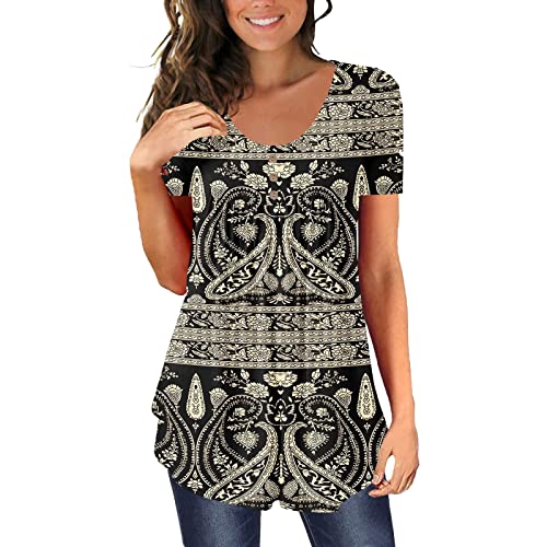 Women's Summer Casual Short Sleeve Tunic Top with Button Print - Breathable Comfort Tee for Outdoor Activities & Vacation Wear (Black, XXL)