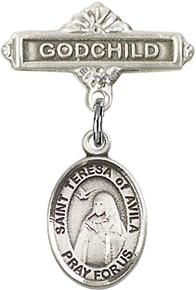 Sterling Silver Baby Badge with St. Teresa of Avila Charm - Religious Godchild Gift for Baptism, Christening & First Communion (Catholic Jewelry for Infants & Toddlers)