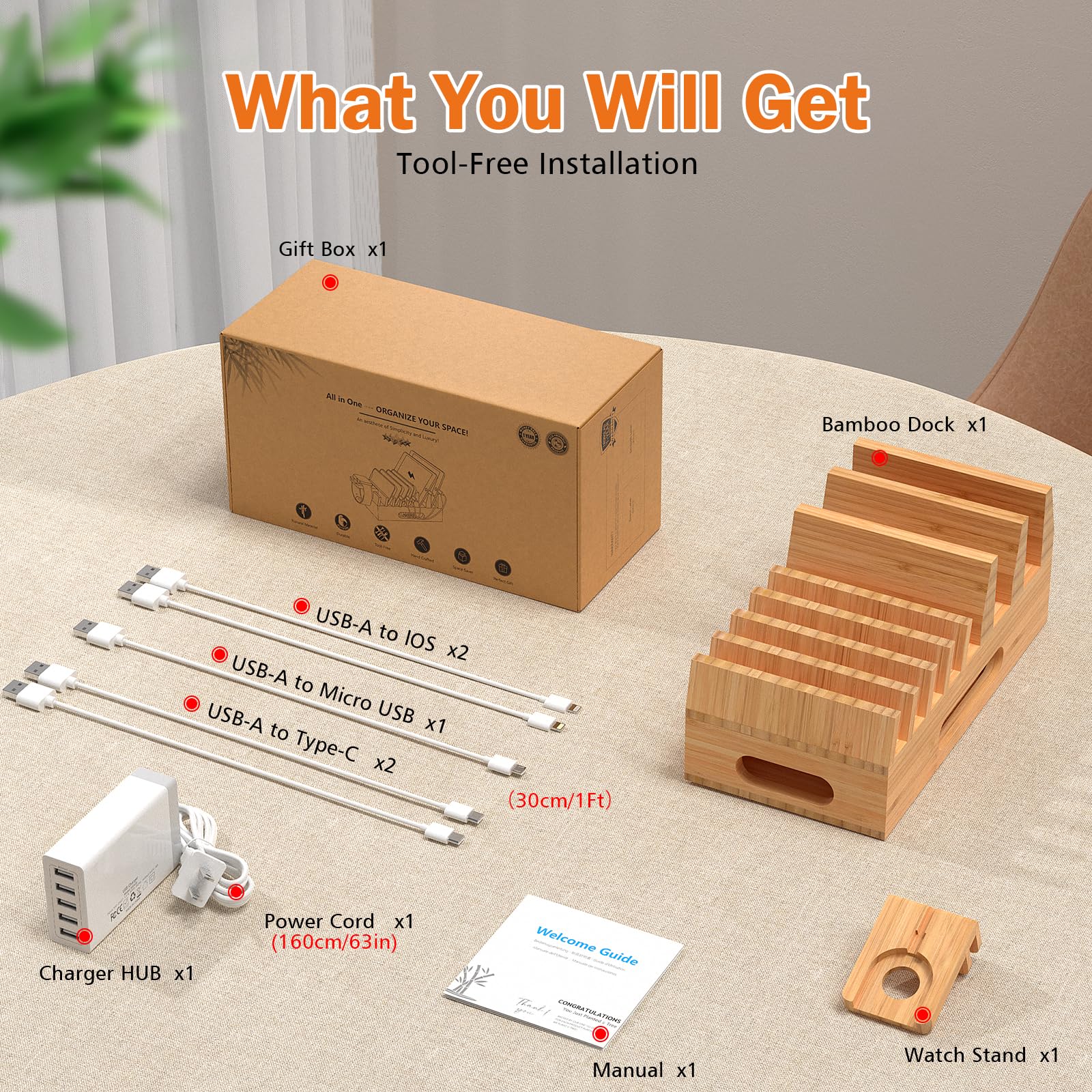Pezin & Hulin 5-Port USB Bamboo Charging Station - Multi-Device Organizer for Phone, Tablet, Laptop & Smartwatch | Compact Wooden Dock Stand for Home, Office & Travel