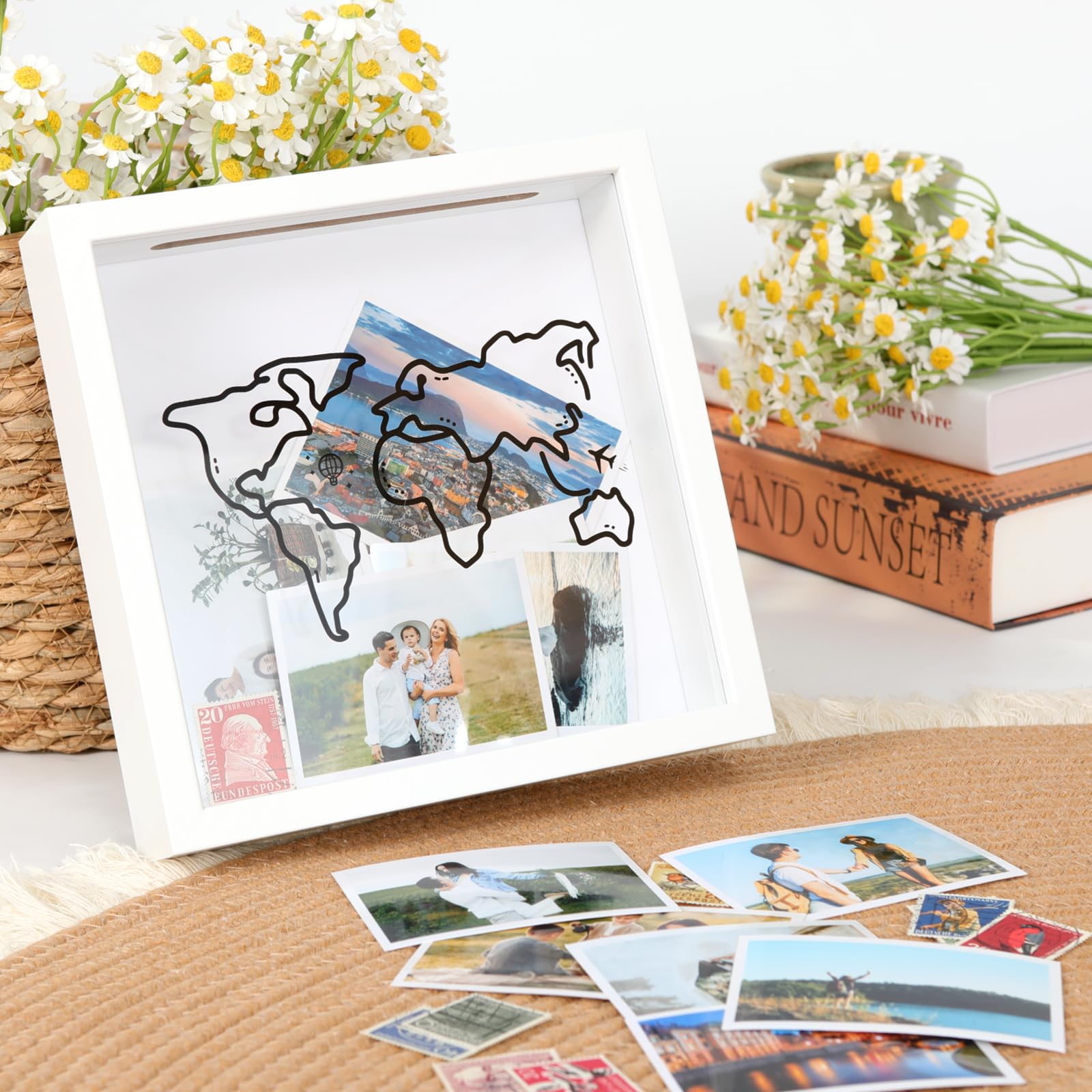 Ronlap 8x8in White Travel Shadow Box - Top Loading Memory Display Case for Keepsakes & Adventure Mementos | Perfect for Travel Scrapbooking, Vacation Souvenirs & Home Décor