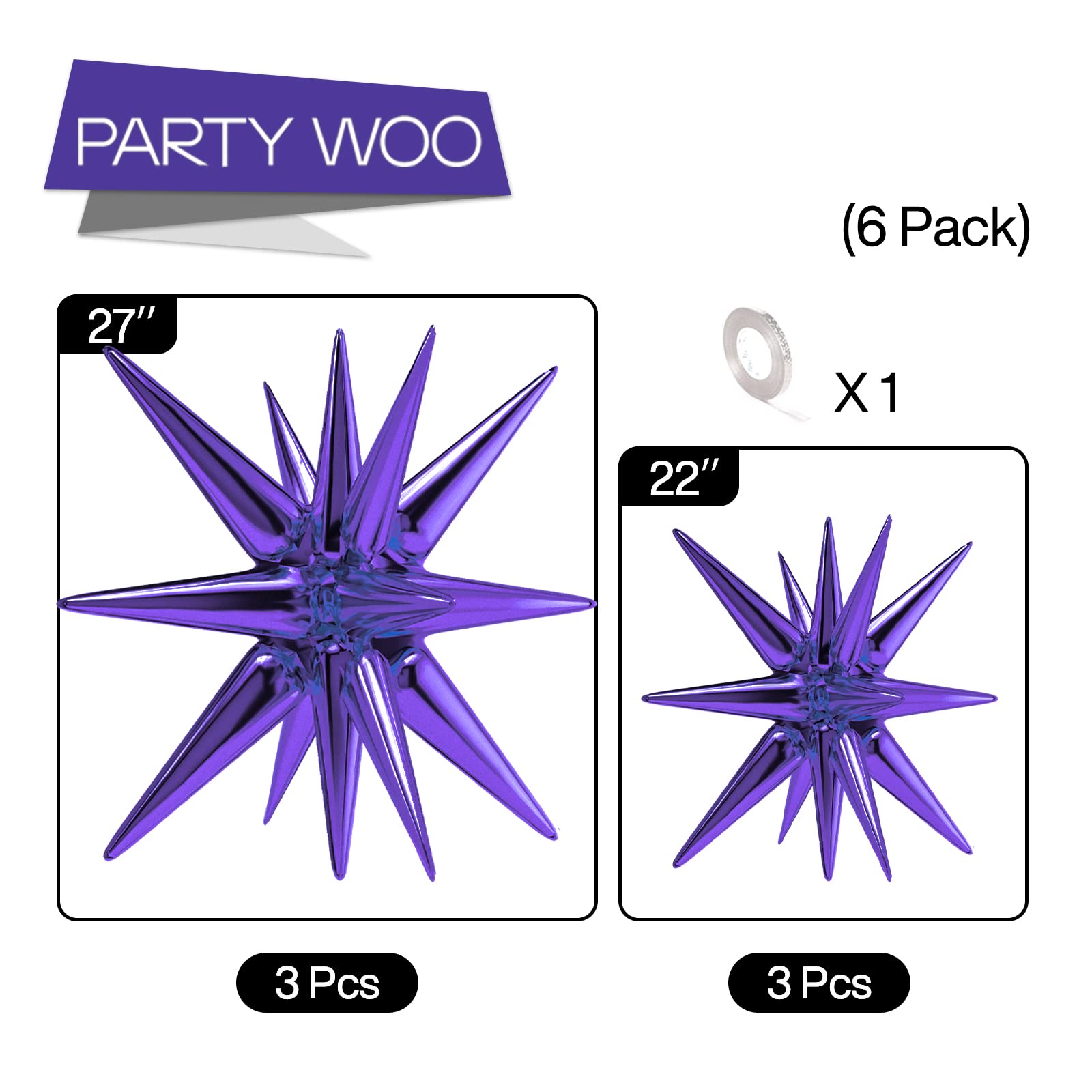 PartyWoo Purple Star Balloons 6-Pack - 14-Pointed Starburst Mylar Balloons (27 & 22 Inch) with Ribbon for Birthday, Wedding, Baby Shower Decorations - Perfect for Ceiling, Wall & Party Backdrop Displays