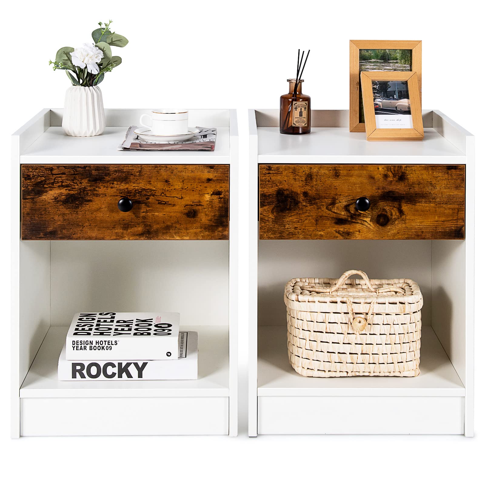 Giantex Nightstand Set of 2 - White Wooden Bedside Tables with Storage Drawer & Open Shelf, 17x16x24 Inches, Farmhouse Style Bedroom Furniture - Perfect for Bedrooms, Guest Rooms & Dorm Rooms
