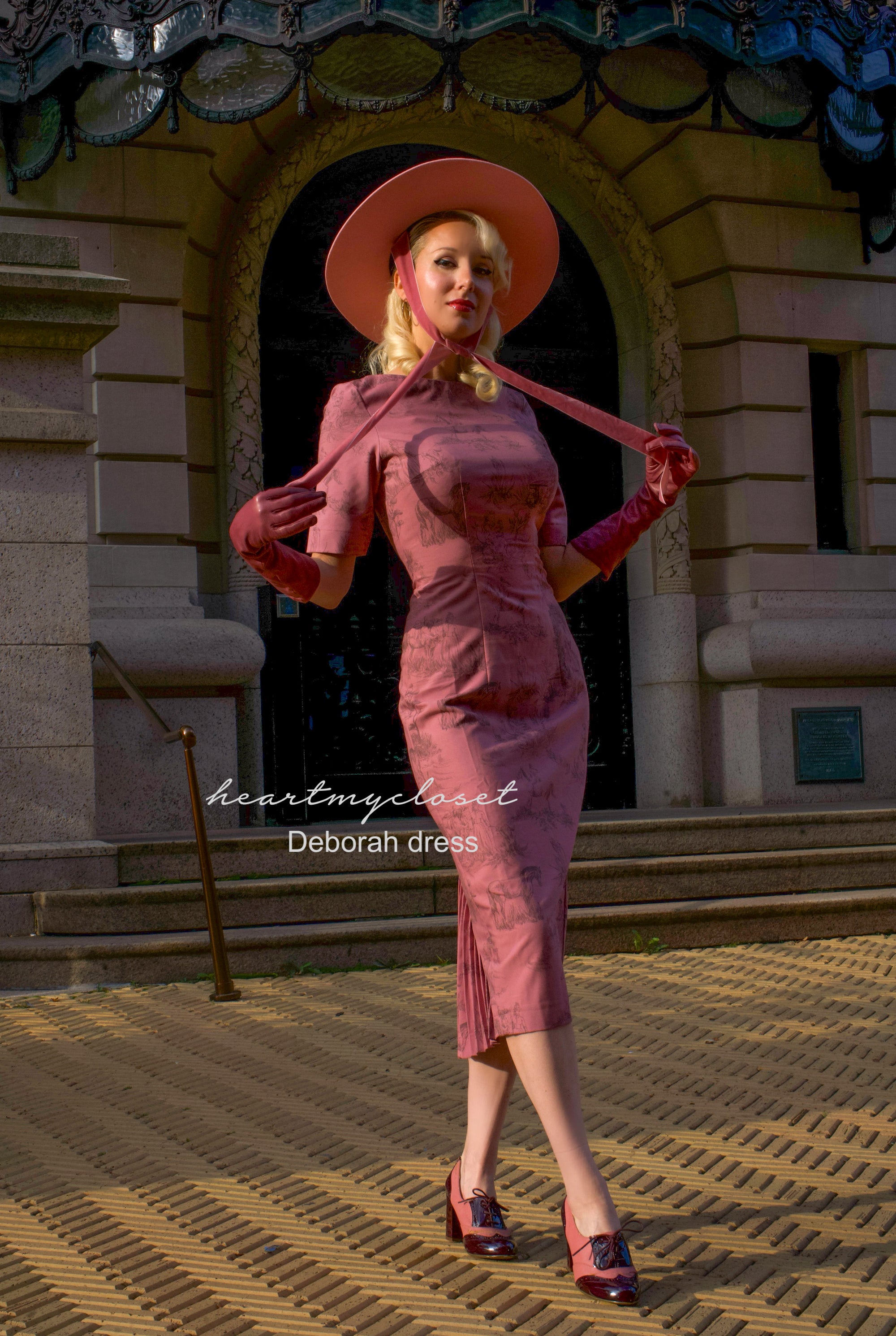 Elegant Pink Toile De Jouy Deborah Pleated Back Pencil Dress - Perfect for Cocktail Parties, Weddings & Formal Events