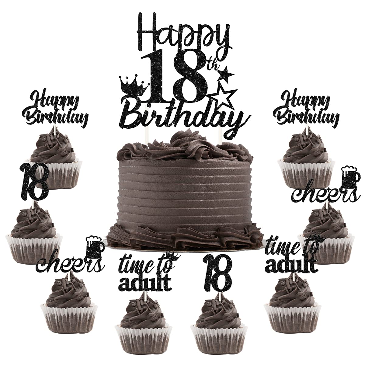 Happy 18th Birthday Cake Toppers - 25 Pack Black Cake Picks & Sticks - Cheers to 18 Years Party Decorations for Boys - Eighteen Years Old Birthday Party Supplies - Perfect for Milestone Celebrations & Sweet 16 Upgrades