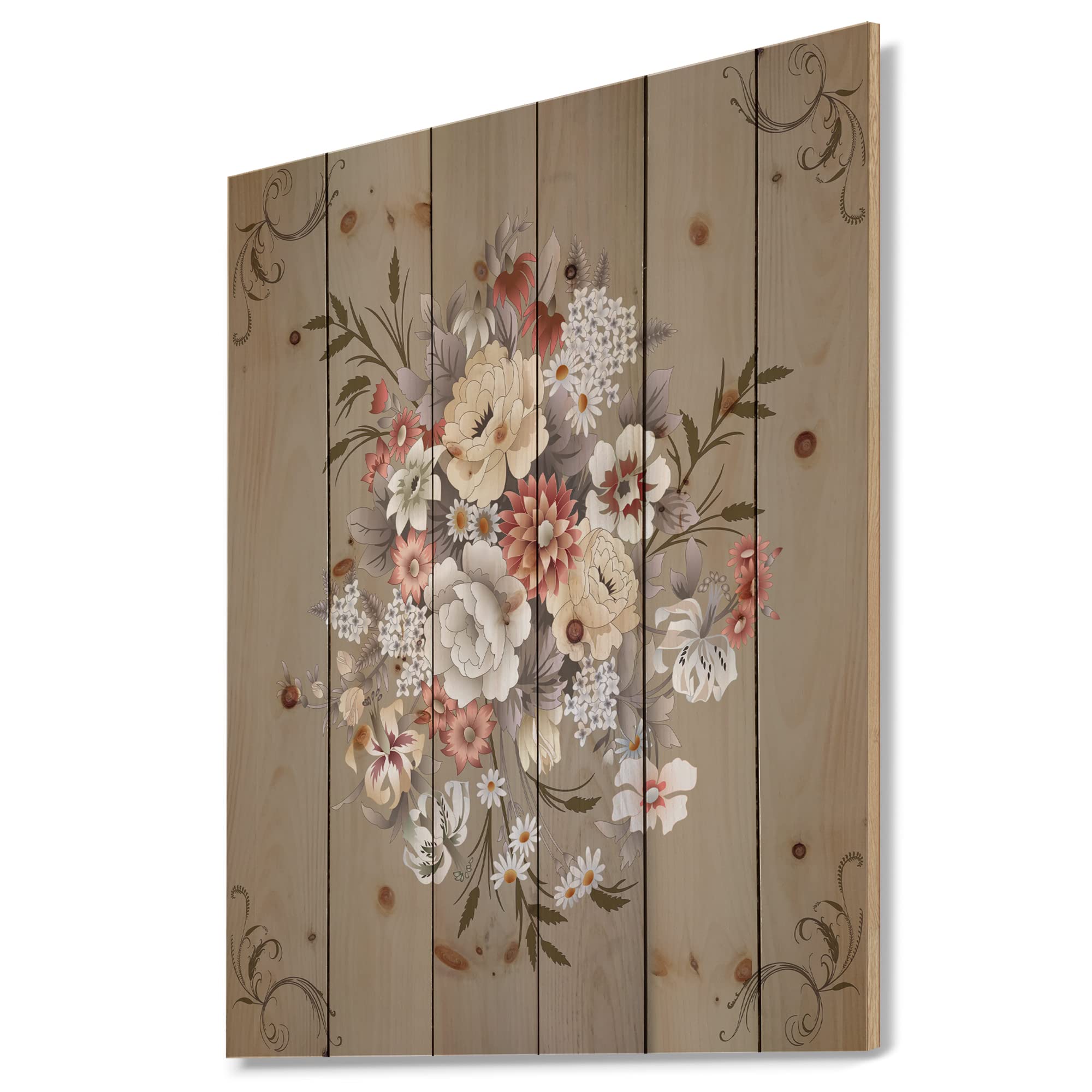 White and Yellow Floral Pattern Nautical Coastal Wood Wall Decor - Large Printed Pine Wood Wall Art for Beach House, Living Room & Bedroom Décor