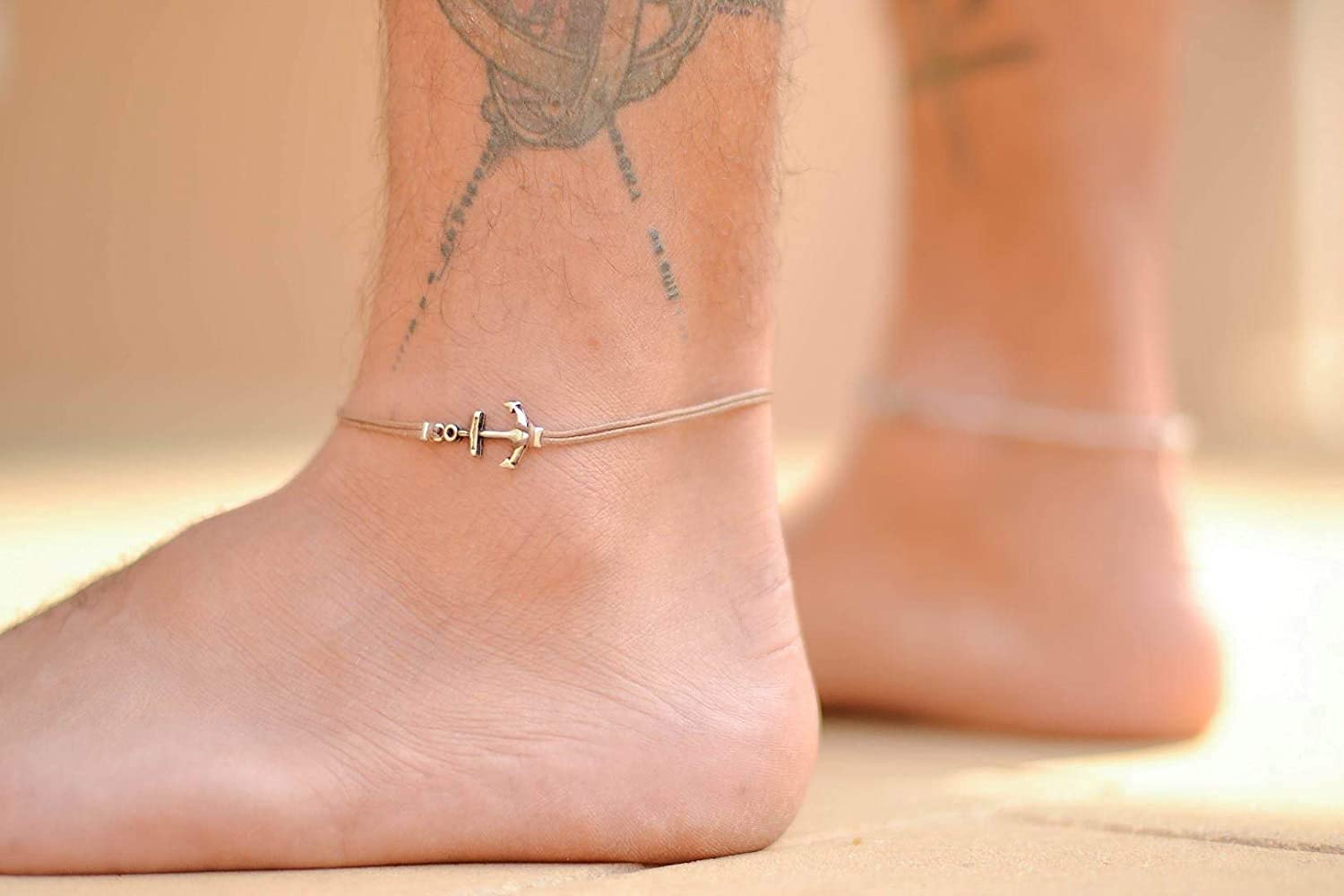 Men's Anchor Anklet - Silver Plated Anchor & Brown Cotton Cord Ankle Bracelet - Custom Nautical Gift for Him - Perfect for Skippers, Surfers, and Ocean Lovers