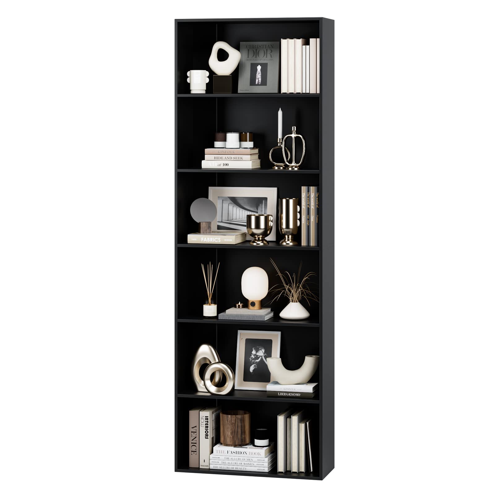 FOTOSOK 6-Tier Open Bookcase - Freestanding Tall Bookshelf for Bedroom, Living Room & Office - Black Wooden Display Storage Shelf - Perfect for Organizing Books, Decor & Office Supplies