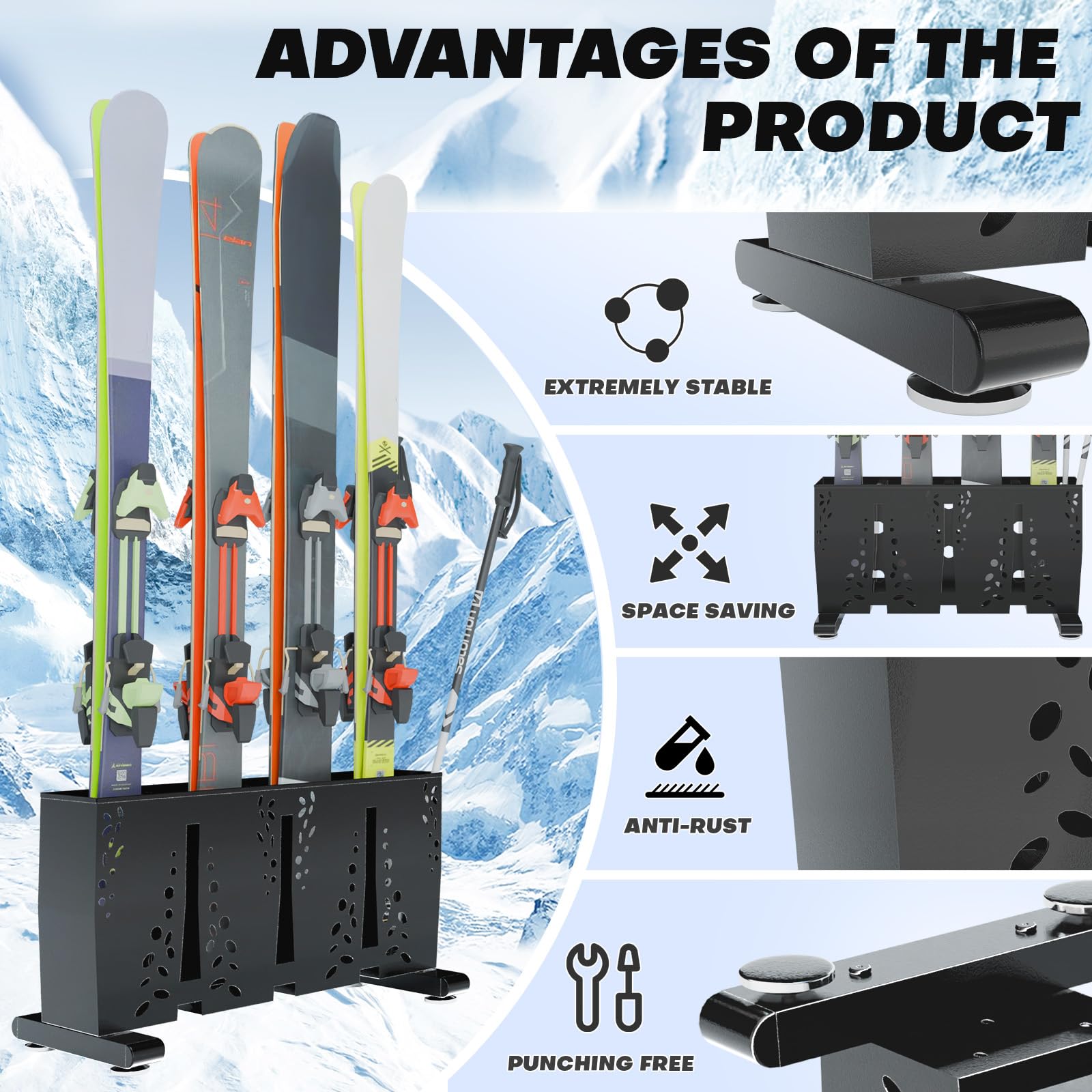 Heavy Duty 4 Pair Freestanding Steel Ski Storage Rack for Garage & Home - Indoor Ski Holder Organizer for Snowboards, Skis & Winter Gear - Perfect for Ski Equipment Storage in Basement, Mudroom or Cabin