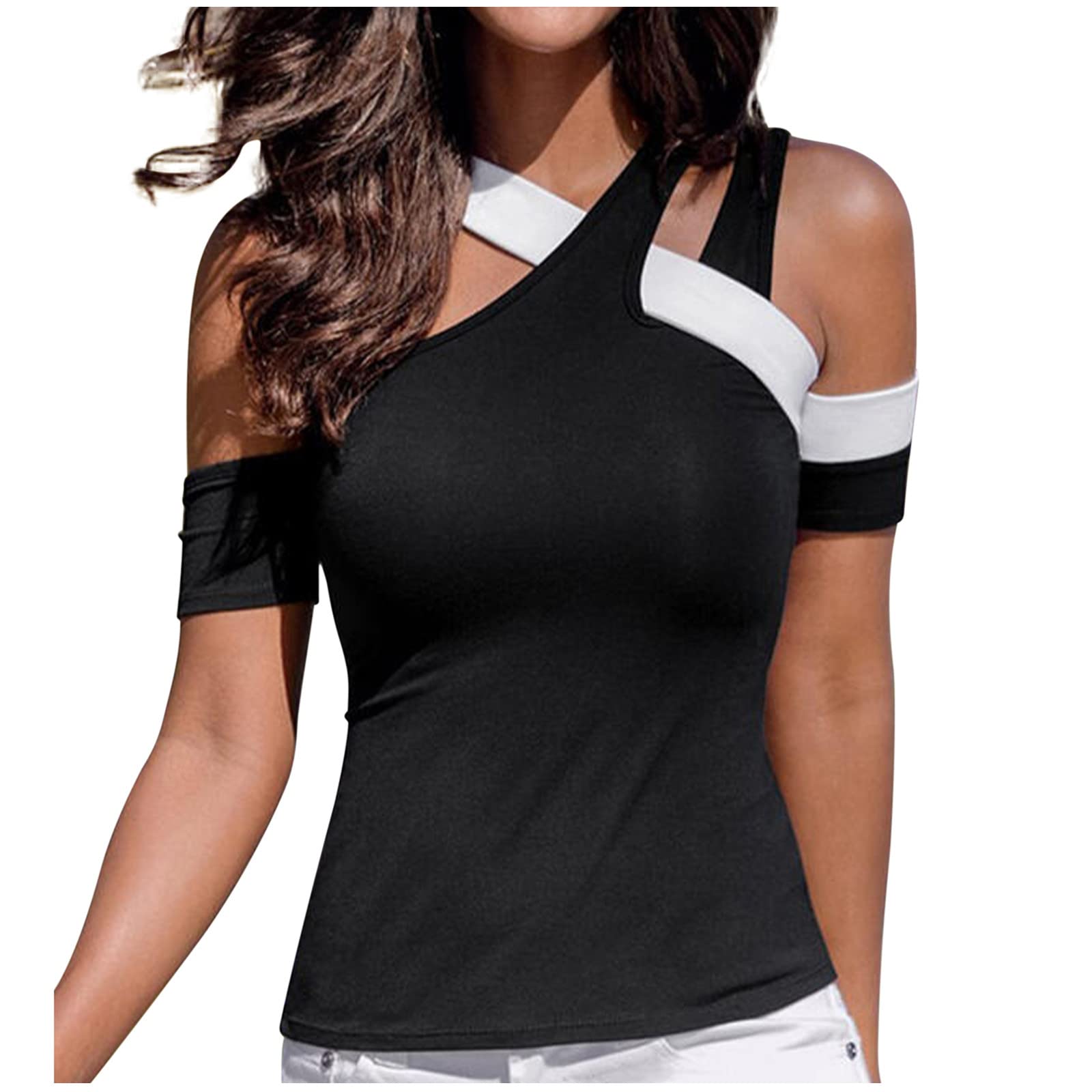 Bidobibo Women's Cold Shoulder Tops - Summer Short Sleeve Criss Cross Blouse, Solid Oblique Shoulder Shirts for Women | Casual Outfit, Beach Wear, Party & Date Night Fashion