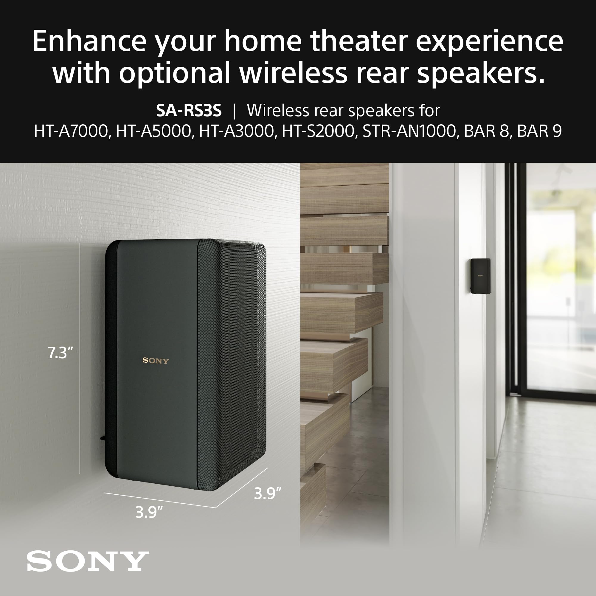 Sony SA-RS3S Wireless Rear Speakers for BRAVIA Theater (BAR 8, BAR 9), HT-A7000/A5000/A3000/S2000 & STR-AN1000 - Premium Surround Sound for Home Theater & Gaming Setup