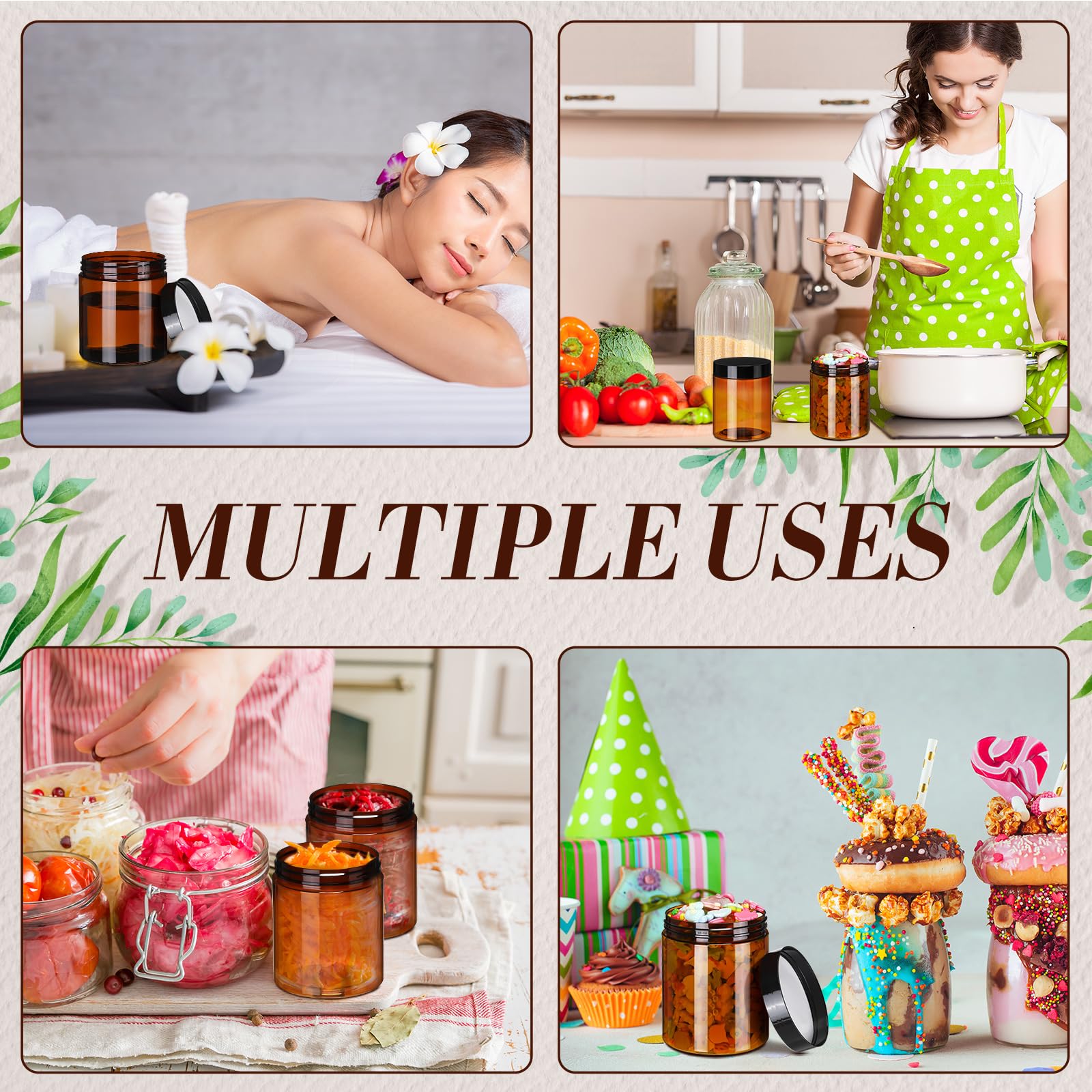 24 Pcs 16 oz Amber Plastic Jars with Lids - Leak Proof Round Cosmetic Containers for Creams, Lotions, Body Butter & Beauty Products | Refillable Travel Storage Jars for Oils, Ointments & Powders | Perfect for DIY Skincare, Home Organizing & Salon Use