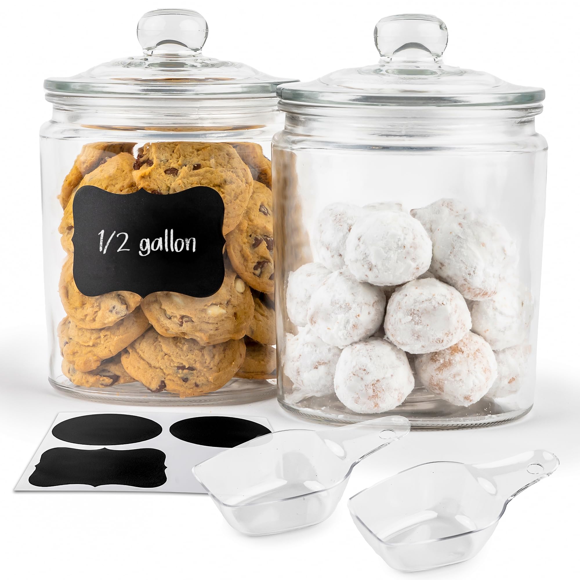 KooK 1/2 Gallon Glass Storage Containers with Airtight Lids - Set of 2, Clear Kitchen Jars for Food, Cookies & Dry Goods - Pantry Organization, Bathroom Apothecary Canisters - Dishwasher Safe with Chalkboard Labels & Scoops Included - Perfect for Baking Ingredients, Coffee Beans & Bathroom Storage