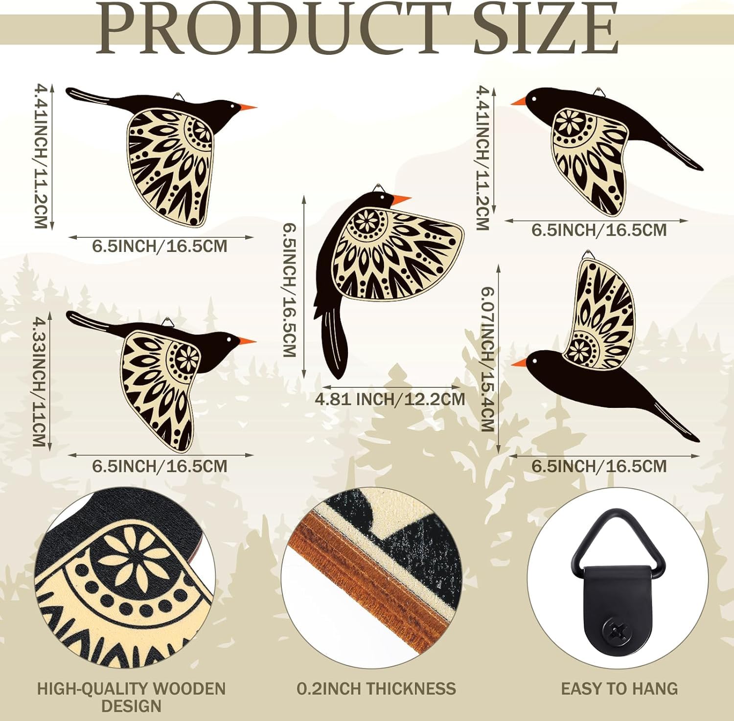 Wooden Hummingbird Wall Art - 5 Pcs Scandinavian Home Decor for Living Room, Bedroom & Office