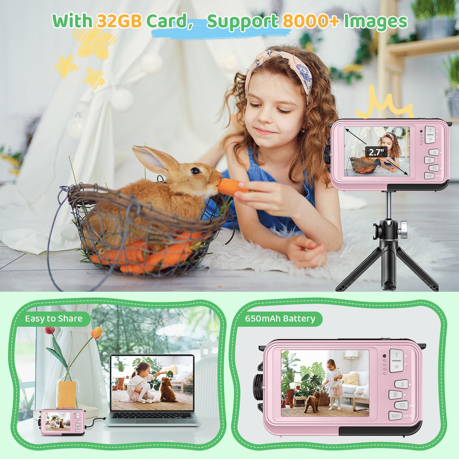 Waterproof Digital Camera 10FT Underwater, 1080P Full HD 30MP Kids Camera with 16X Zoom & Anti-Shake - Perfect for Swimming, Snorkeling & Outdoor Adventures (Pink)