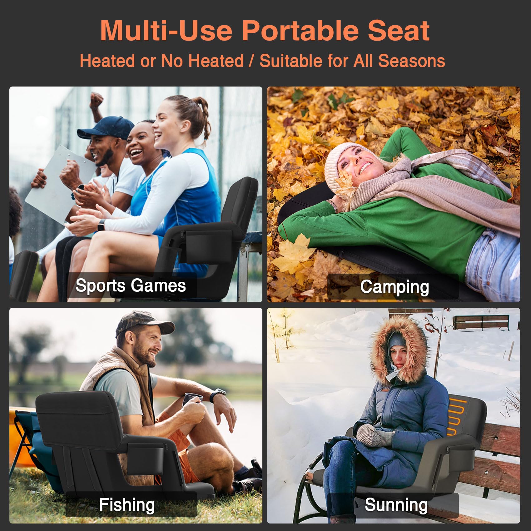 Dual-Sided Heated Stadium Seat with Back Support - Portable Bleacher Seat with 3 Heat Levels & 5 Storage Pockets - Perfect for Football Games, Concerts, Camping & Outdoor Events (Black)