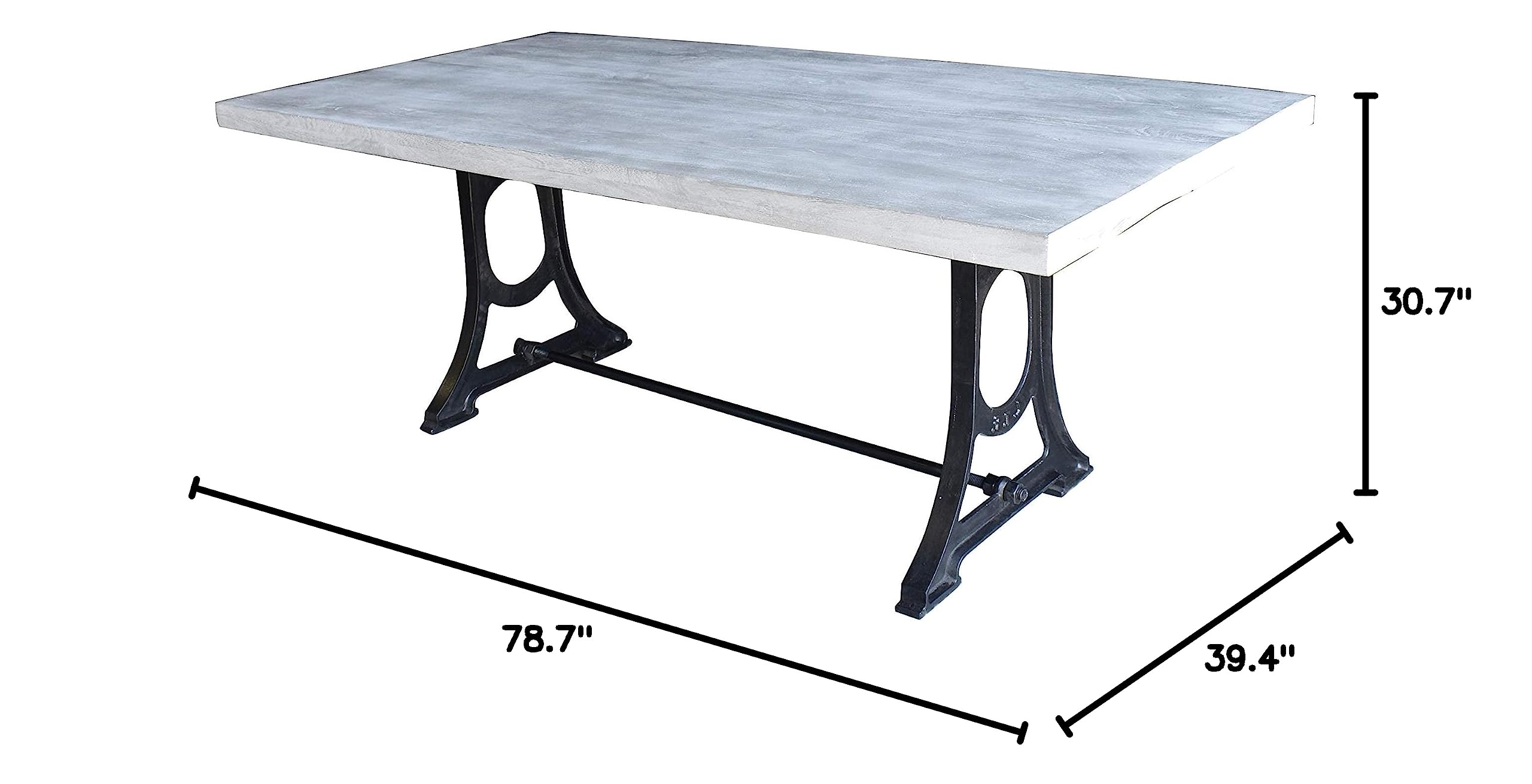 Rustic Grey Wash Mango Wood Dining Table with Iron Base - Farmhouse Style Kitchen Table for Dining Room, Kitchen & Home Decor