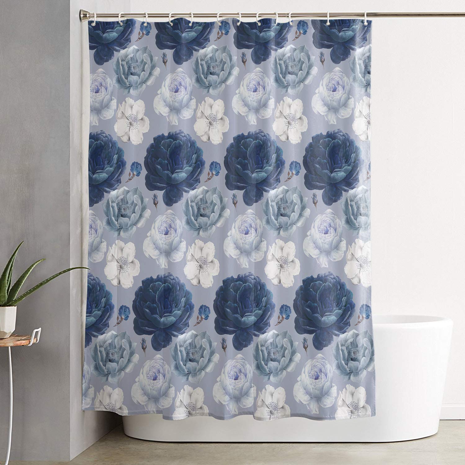 Blue White Blossom Floral Waterproof Shower Curtain Set with Hooks - Wave Design Polyester Bathroom Decor for Modern Showers & Spa-Like Bathing Experience