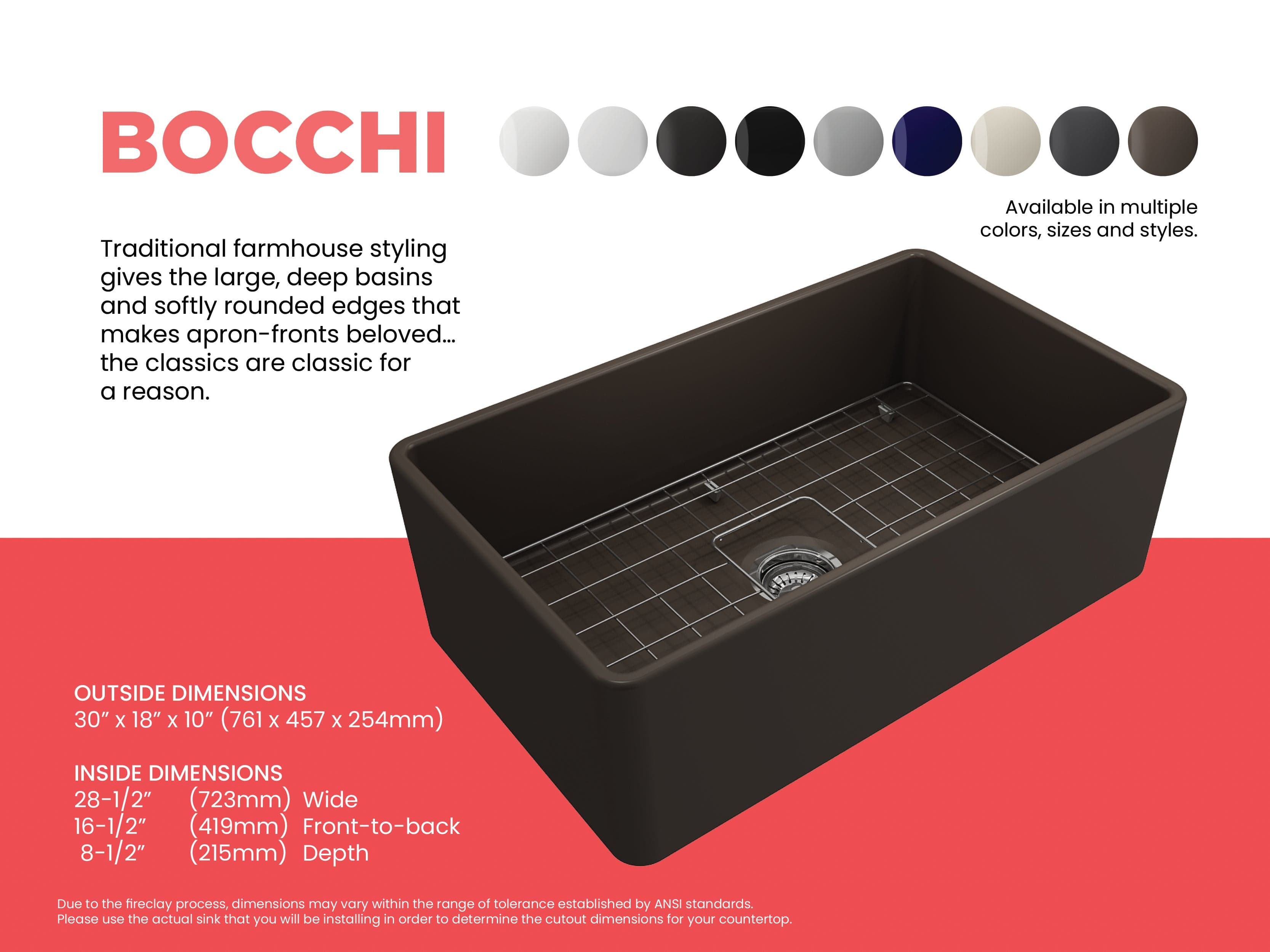 BOCCHI CLASSICO 30 Inch Fireclay Farmhouse Apron Front Single Bowl Kitchen Sink with Protective Bottom Grid & Strainer - Perfect for Rustic & Modern Kitchens, Dishwashing & Food Prep
