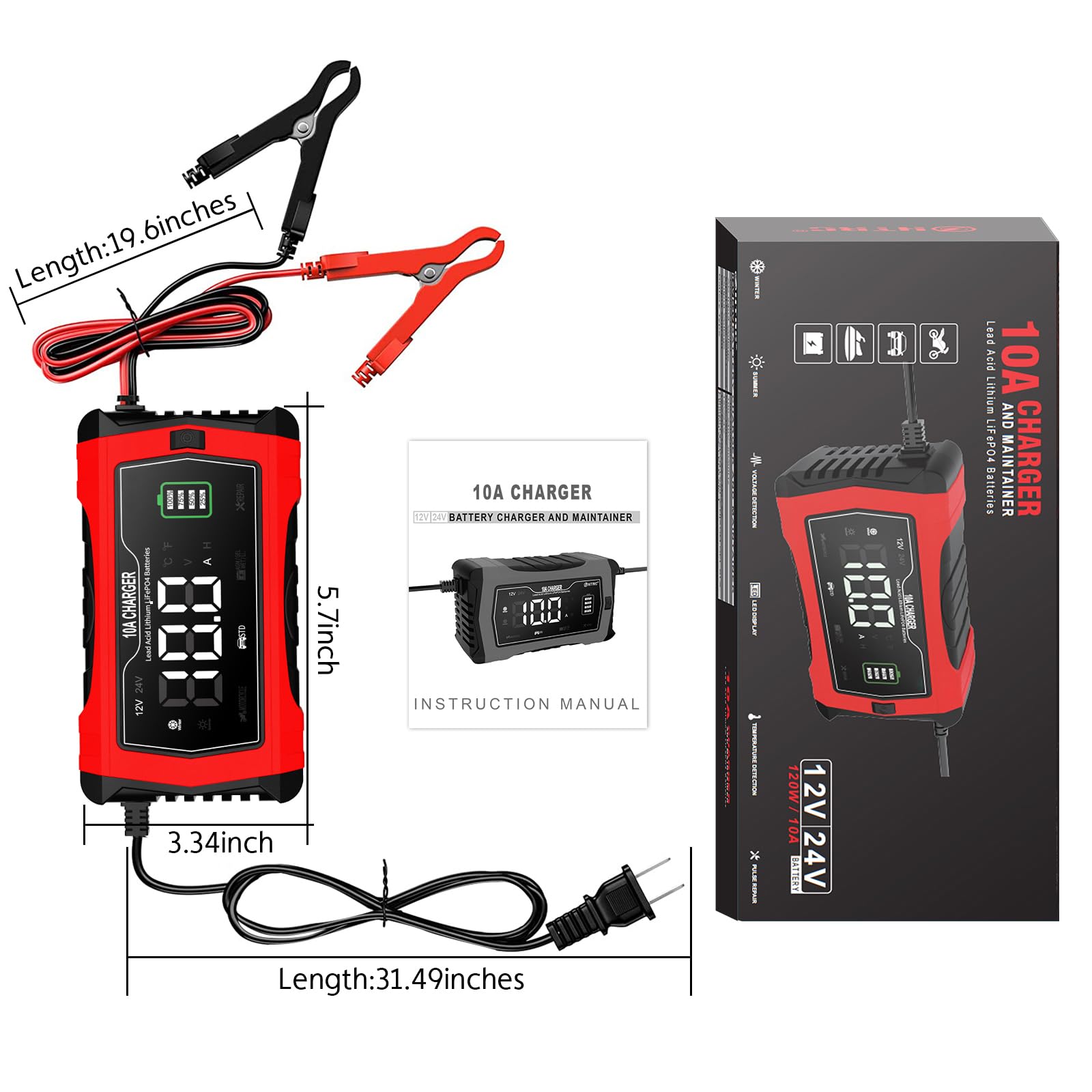 10-Amp 12V/24V Smart Car Battery Charger & Maintainer - Trickle Charger for Automotive, SUV, Motorcycle, Boat - Compatible with Lead-Acid, Lithium & LiFePO4 Batteries - Perfect for Winter Storage & Long-Term Vehicle Maintenance
