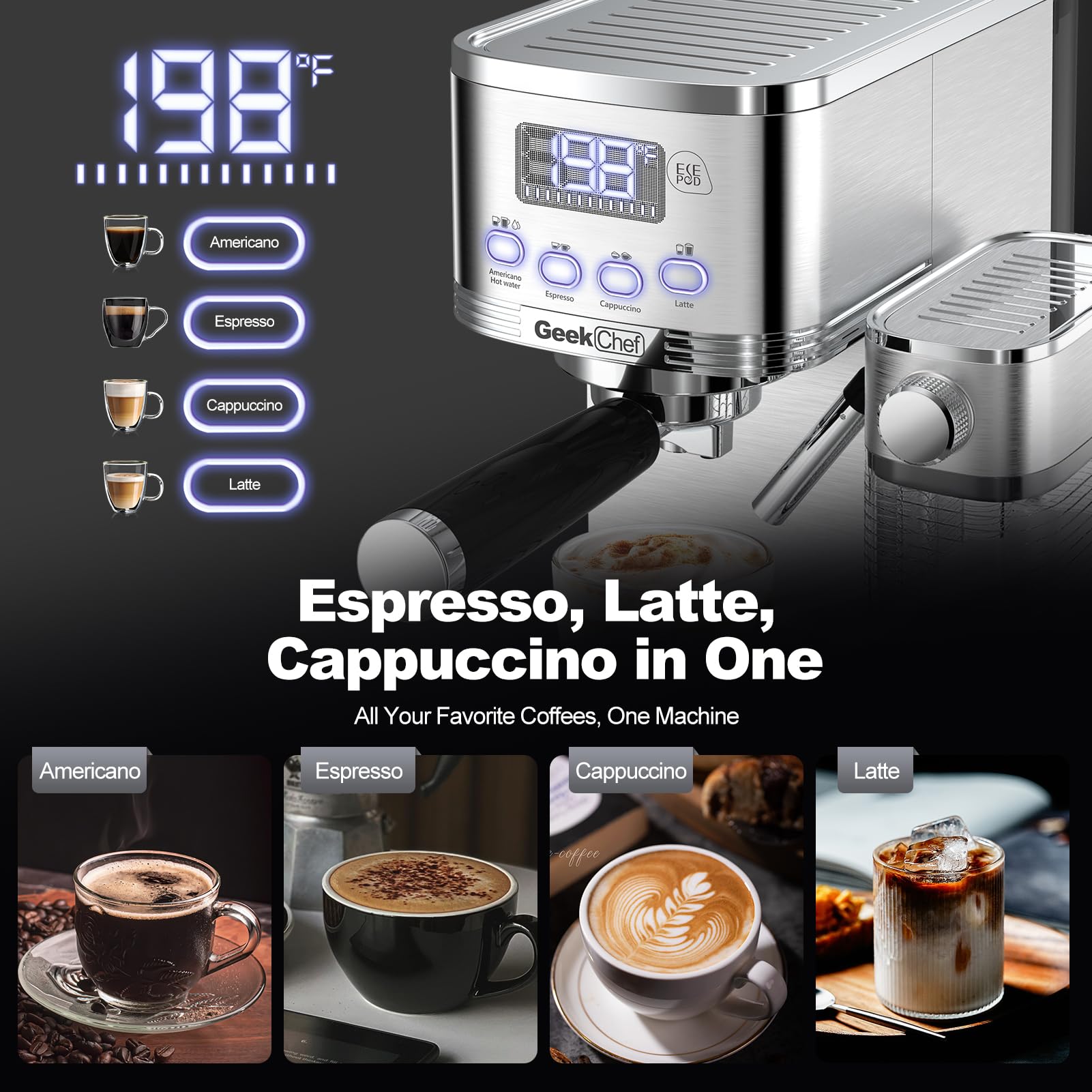 Premium Geek Chef 20Bar Espresso & Cappuccino Machine with Auto Milk Frother - Stainless Steel Home Coffee Maker for Latte, Cappuccino & ESE Pods | Perfect Gift for Coffee Lovers | Ideal for Home Kitchens, Offices & Cafés