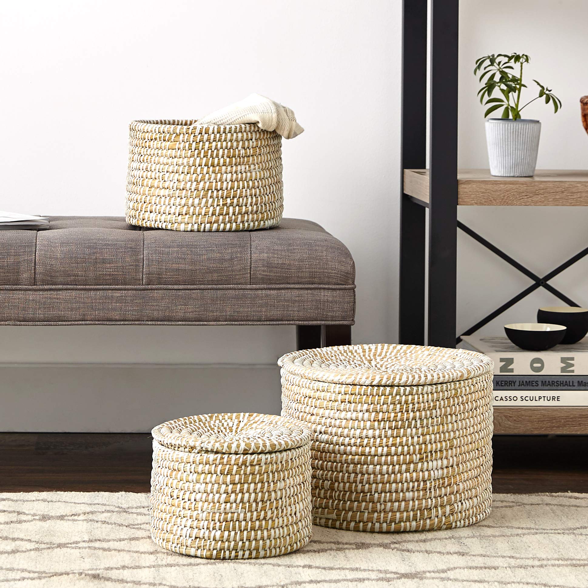 Whitewashed Woven Seagrass Storage Baskets with Lids - Set of 3 Sizes (Small, Medium, Large) - Natural Home Decor for Bathroom, Kitchen & Living Room Organization