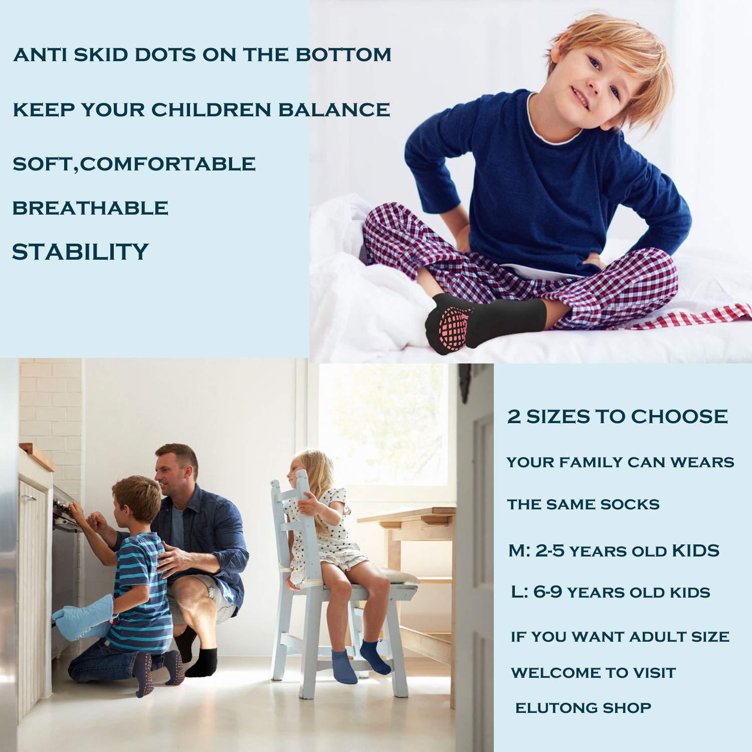 ELUTONG Non-Slip Grip Socks for Kids & Teens - Anti-Skid Children's Socks for Trampoline, Playground, and Indoor Activities - Perfect for Jumping, Sliding, and Safe Play