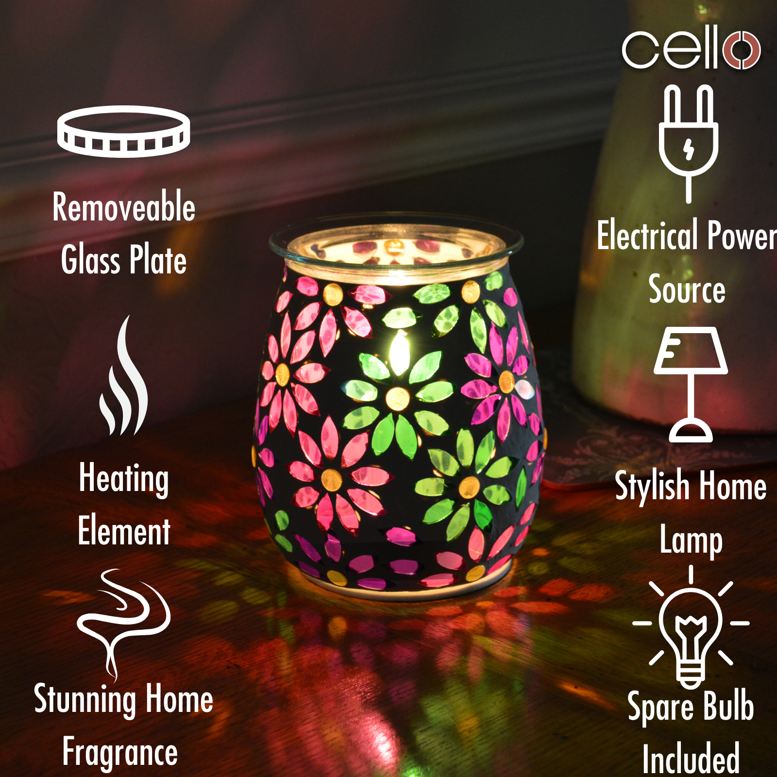 Premium Cello Electric Wax Warmer with Mosaic Glass Design - Pretty Petals Scented Wax Melter for Home, Office & Spa Relaxation
