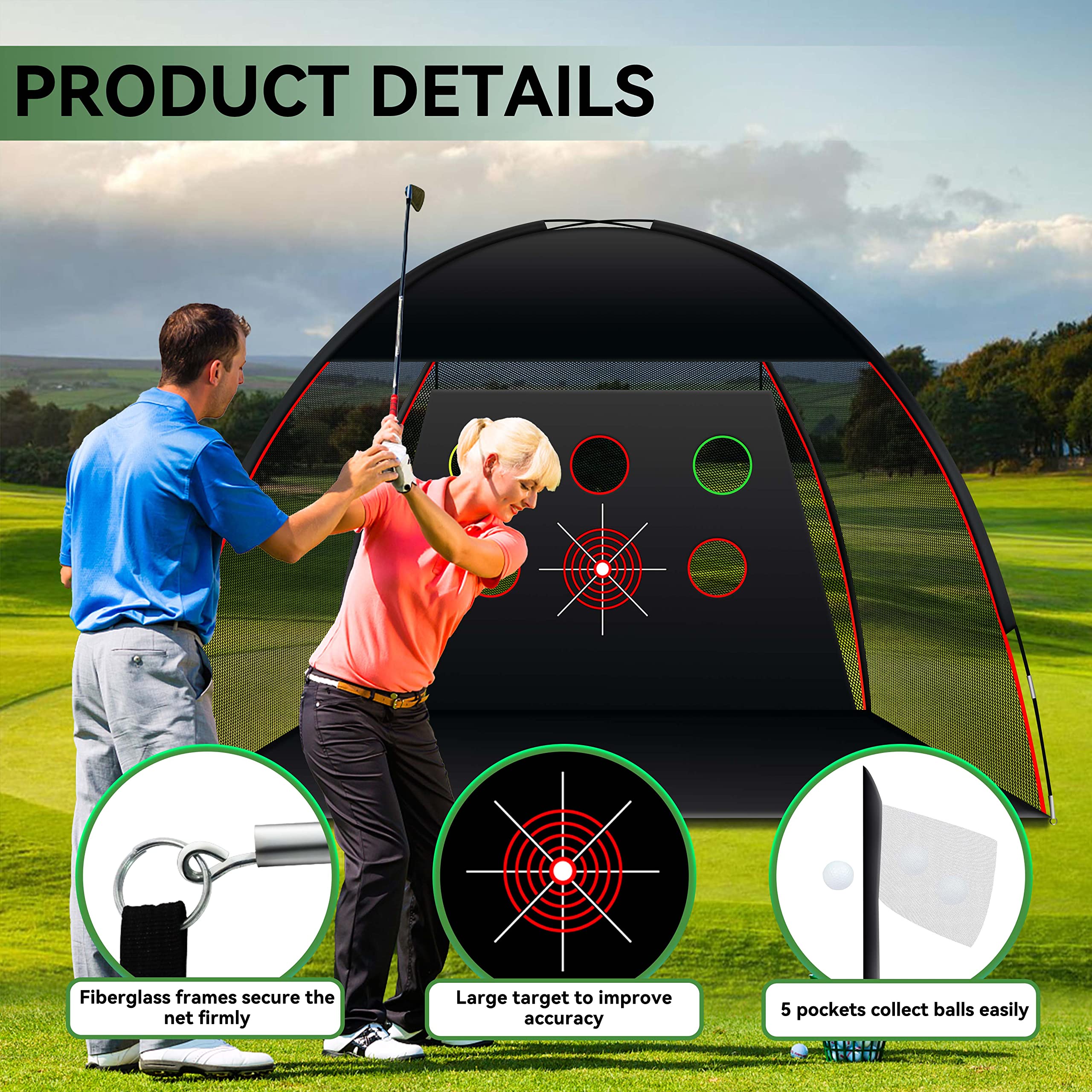 JEMOSH 10x7 Ft Golf Net & Mat Set - Premium Indoor/Outdoor Golf Practice Hitting Net for Backyard, Garage & Driving Range with Accessories | Perfect for Home Training, Backyard Practice & Golf Skill Improvement
