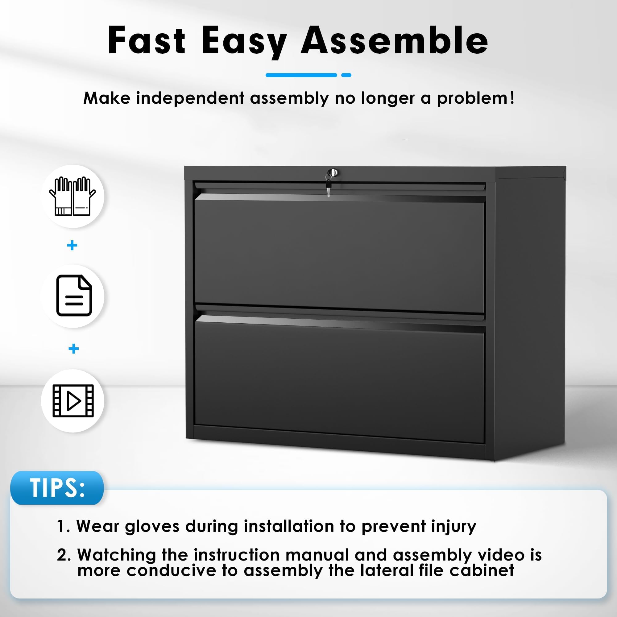 Pataku 2-Drawer Lateral File Cabinet with Lock - Black Metal Filing Cabinet for Home Office, Organize Hanging Files, Letters, Legal, F4 & A4 Documents - Perfect for Office Storage & Home Workspace Organization