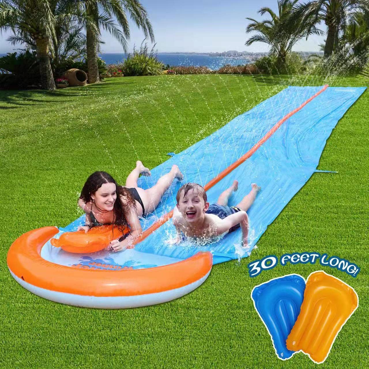 **30Ft Extra Long Slip and Slide Water Toy - Double Race Lawn Water Slide for Backyard Fun with 2 Bodyboards - Giant Slip and Slide for Kids & Adults - Perfect for Summer Parties, Family Gatherings & Outdoor Water Play**