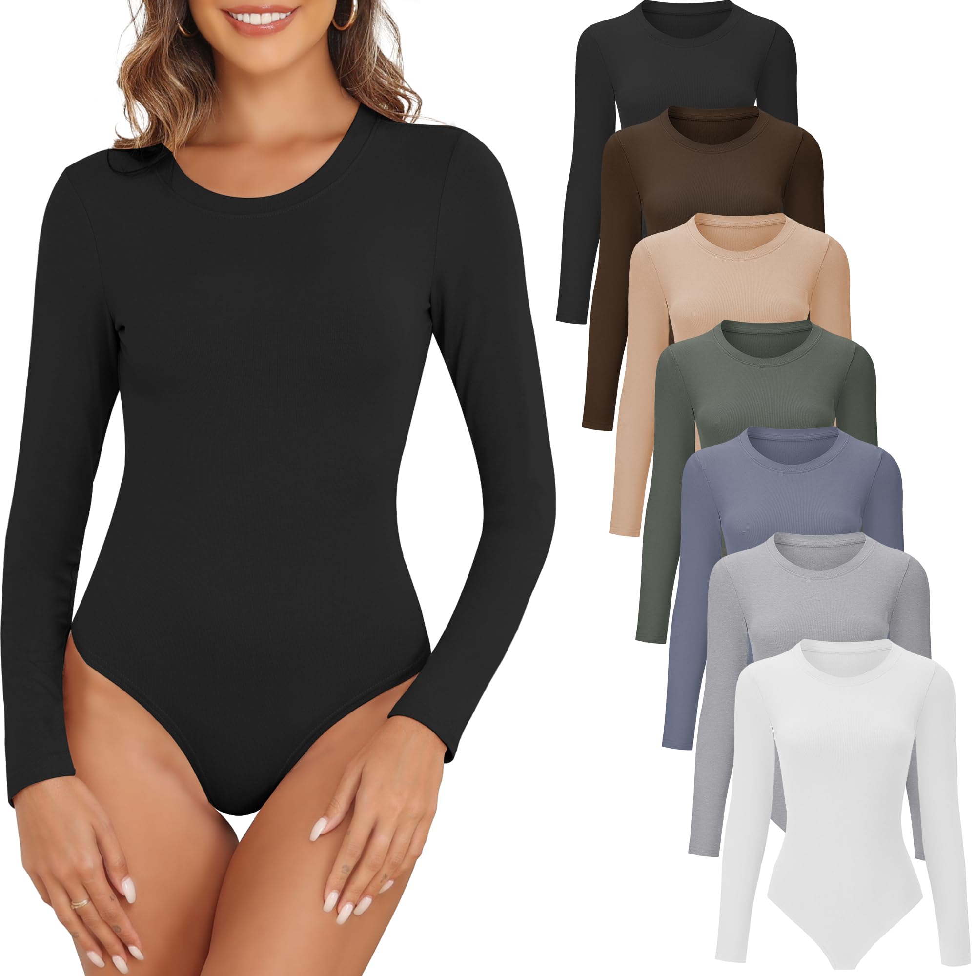 BVNSOZ Women's 4/5 Pack Stretchy Long Sleeve Bodysuit Tops - Soft Round Neck Basic Layering Piece for Fall & Winter, Perfect for Work, Date Night and Casual Outfits