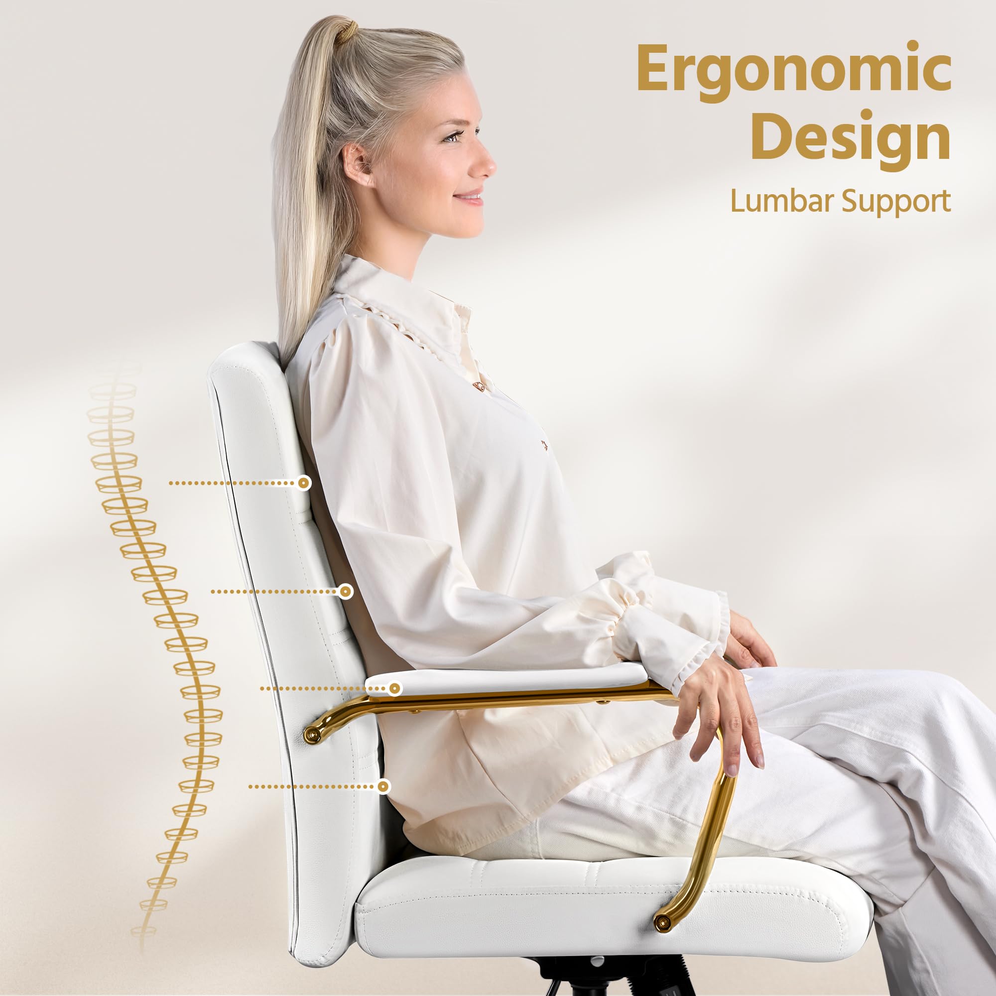 Yaheetech Mid-Back Office Chair - PU Leather Executive Desk Chair with Adjustable Height & Lumbar Support - Gold Base & White Seat - Perfect for Home Office, Study & Workspace Ergonomics