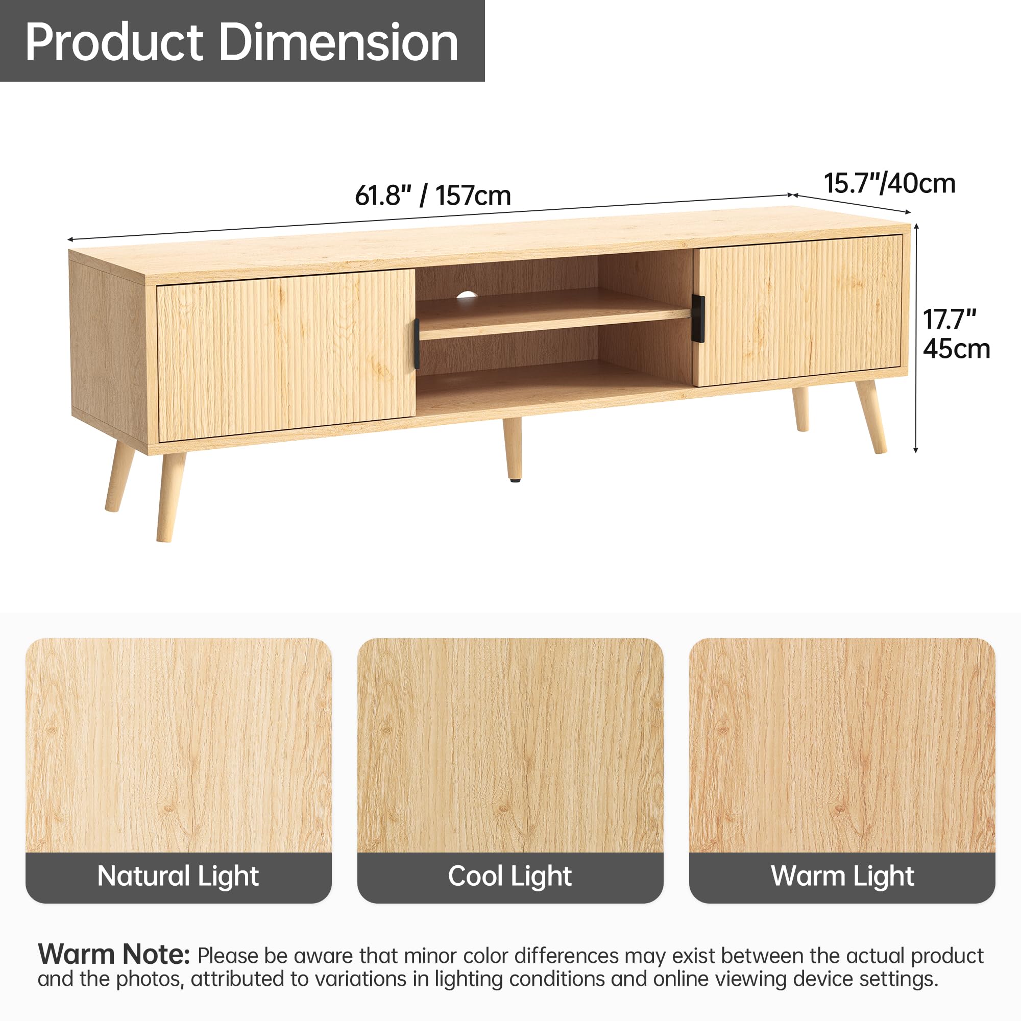 Mid Century Modern TV Stand for 70 Inch TVs - 62 Inch Entertainment Center with Storage, Media Console in Natural Finish - Perfect for Living Room, Home Theater & Office