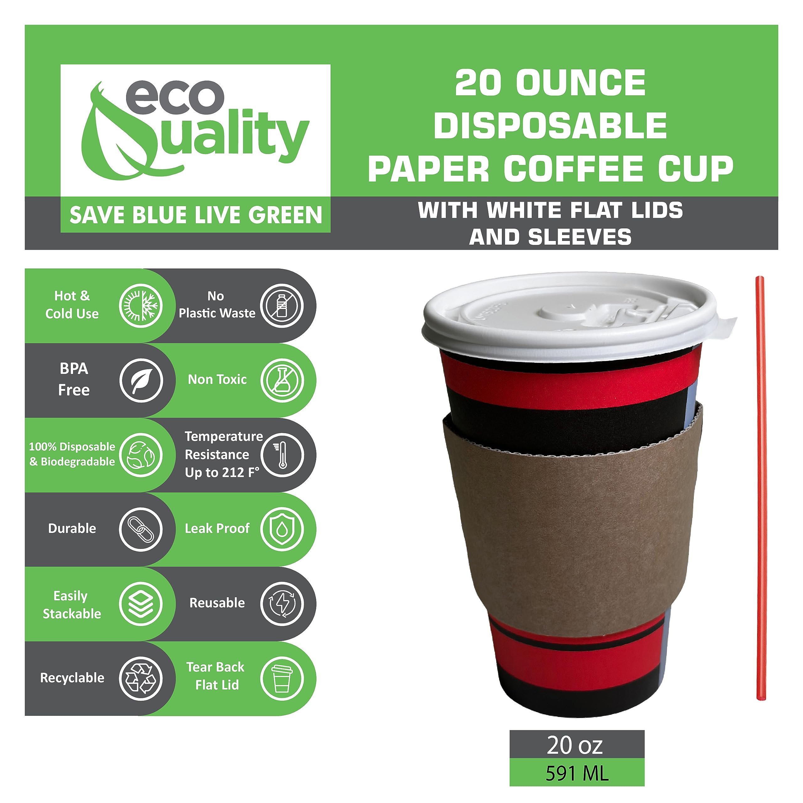150-Pack 20oz Disposable Paper Coffee Cups with Lids, Sleeves & Stirrers - Hot/Cold Drink Travel Mugs for Coffee, Tea, Chocolate & Latte - Perfect for Office, Parties, Cafes & On-the-Go Use