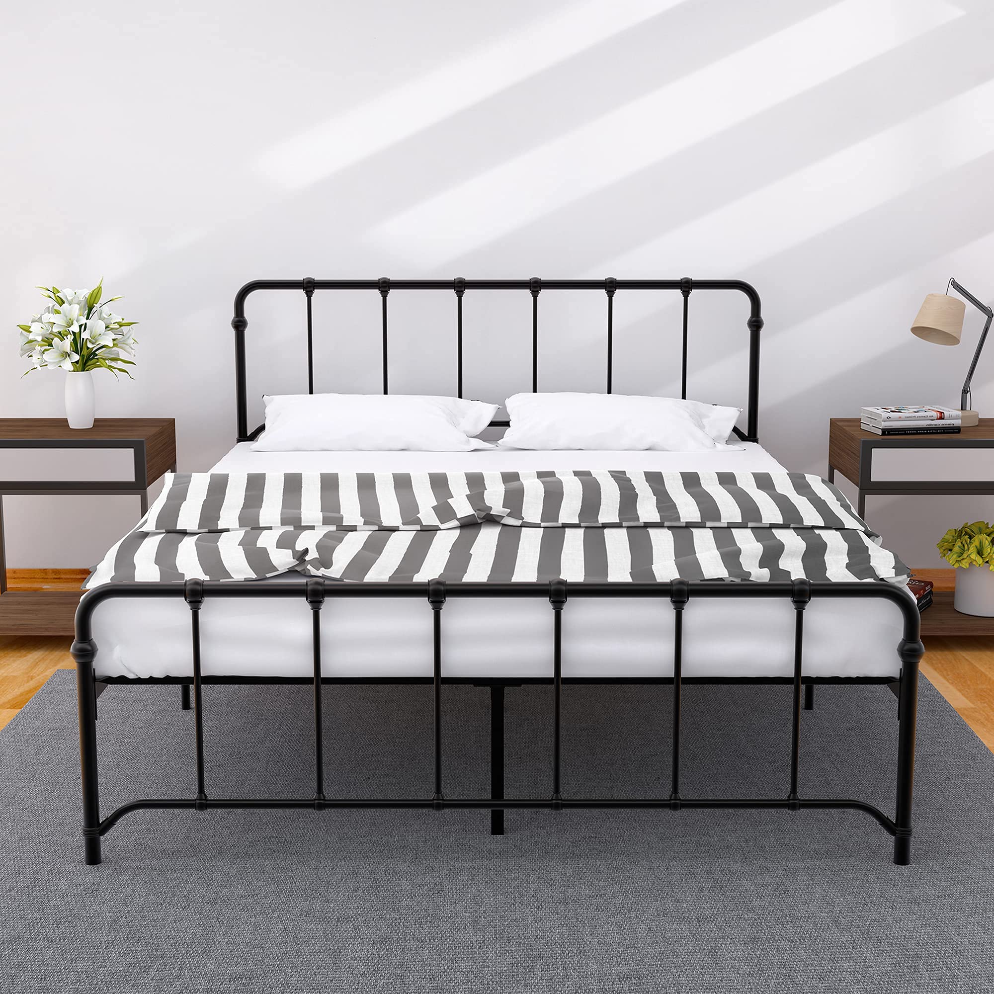 Queen Size Metal Bed Frame with Storage - Sturdy Platform Bed with Headboard & Footboard, No Box Spring Needed, Easy Assembly - Perfect for Small Bedrooms, Guest Rooms & Dormitories (Black)