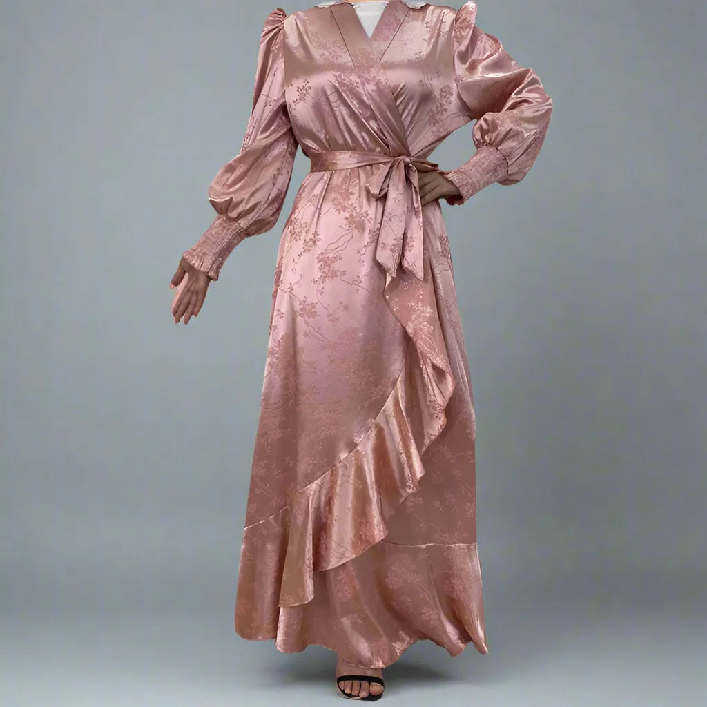 Elegant Muslim Satin Printed Open Kimono Abaya Dress for Women - Modest Islamic Fashion, Prayer & Special Occasions