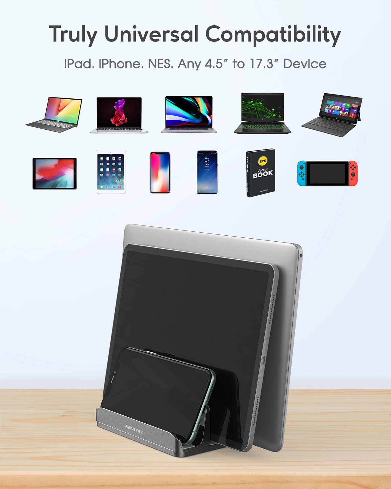 AboveTEK 3-Slot Aluminum Laptop Stand - Vertical Desktop Holder & Docking Station for MacBook, iPad, iPhone (Up to 17.3