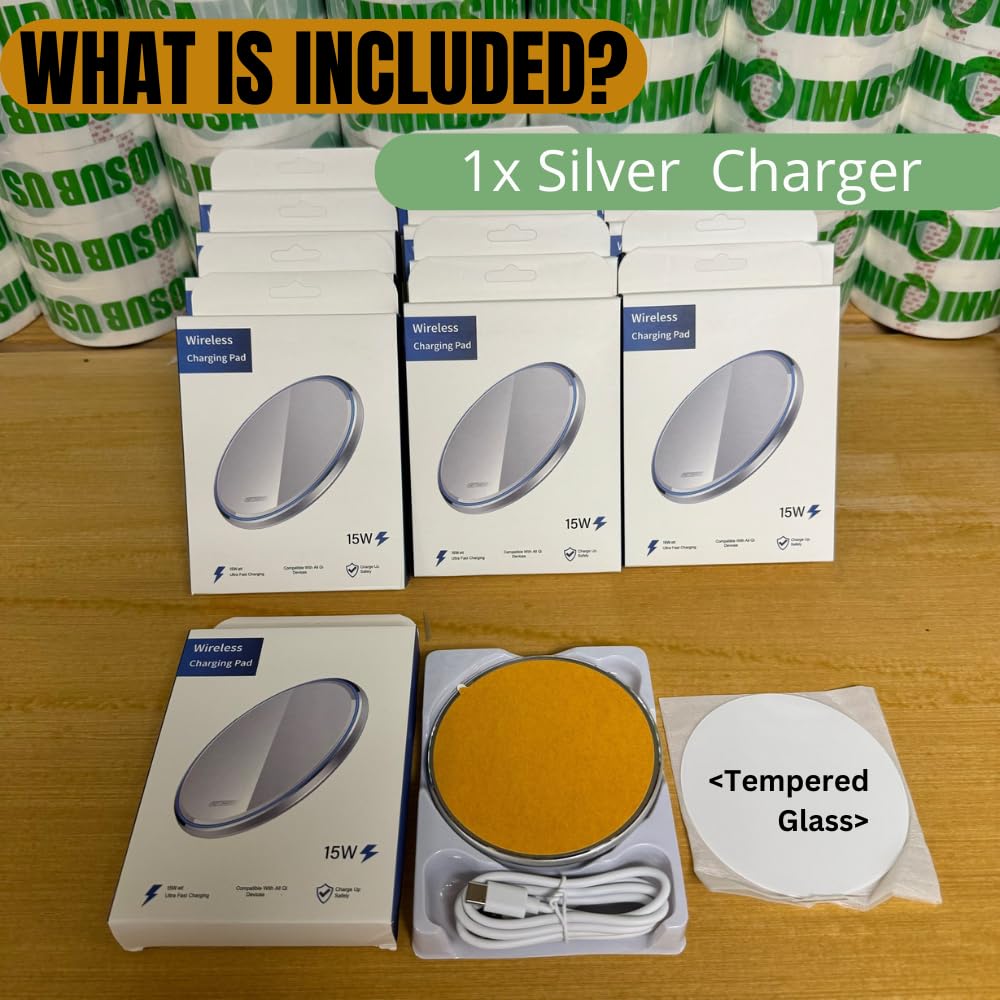 10W Fast Wireless Charging Pad for iPhone & Samsung - Sublimation Blank Qi-Certified Charger - Customizable Phone Charger for Home, Office & Travel (Silver, Pack of 1)