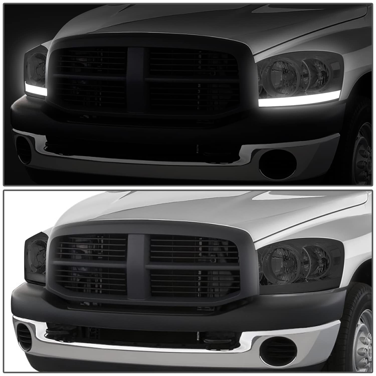 DNA MOTORING Smoked Clear Headlights for 06-09 Dodge Ram - LED Light Bar | Off-Road & Night Driving