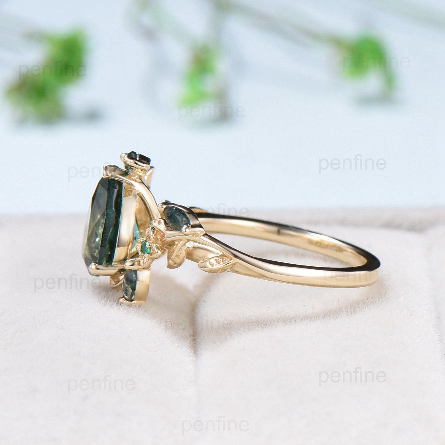 Elegant Pear Lab Paraiba Engagement Ring - Nature Inspired Floral Ring with Green Agate - Wedding & Anniversary Gift - Emerald Branch Leaf Vine Design for Bridal, Proposal & Special Occasions