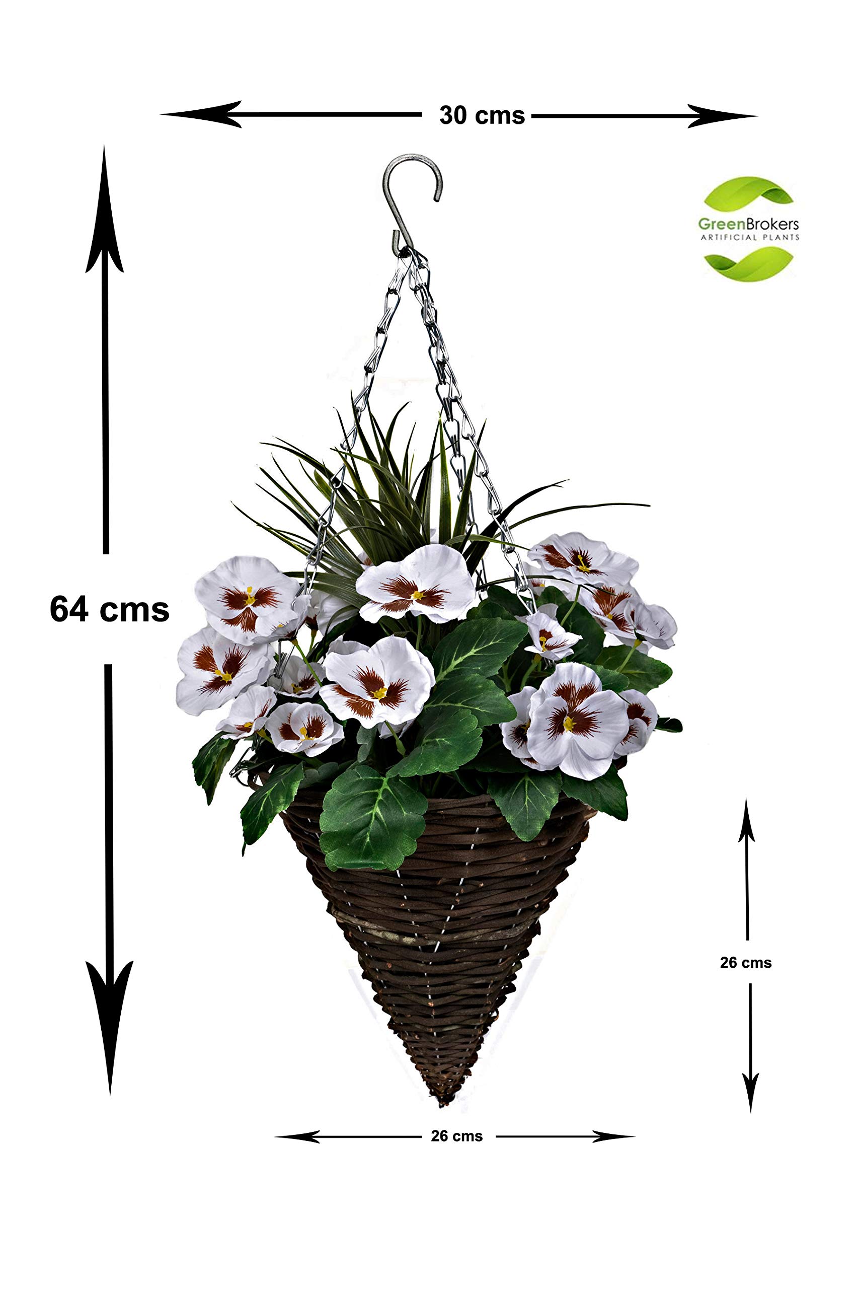 White Artificial Cone Shaped Hanging Baskets with Flowers & Decorative Grasses - Set of 2 | Outdoor Garden Decor, Porch Hanging Planters, Patio Decoration