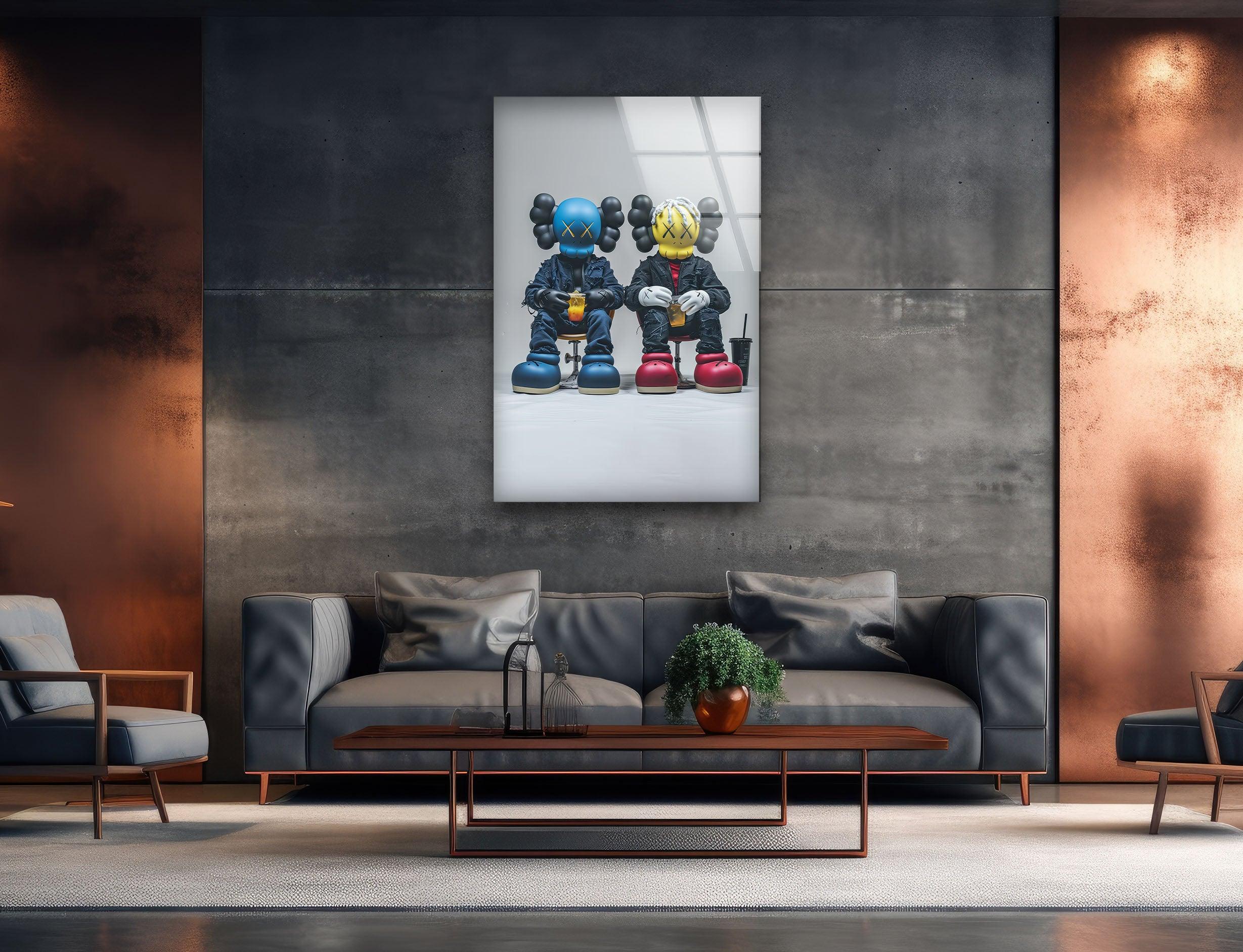 Blue & Yellow KAWS Wall Art Glass Decor - Modern Home & Office Decor for Living Room, Bedroom, or Gift
