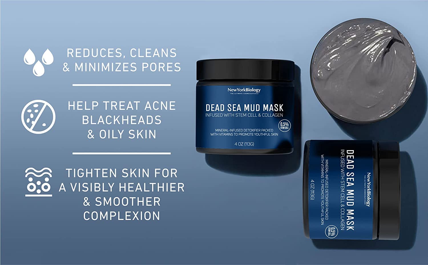 New York Biology Dead Sea Mud Mask with Stem Cell & Collagen - Spa Quality Face & Body Treatment for Acne, Blackheads & Oily Skin - Pore Minimizer & Skin Tightening Solution for Women & Men - 4oz Natural Skincare - Perfect for Spa Nights & At-Home Self-Care Routines