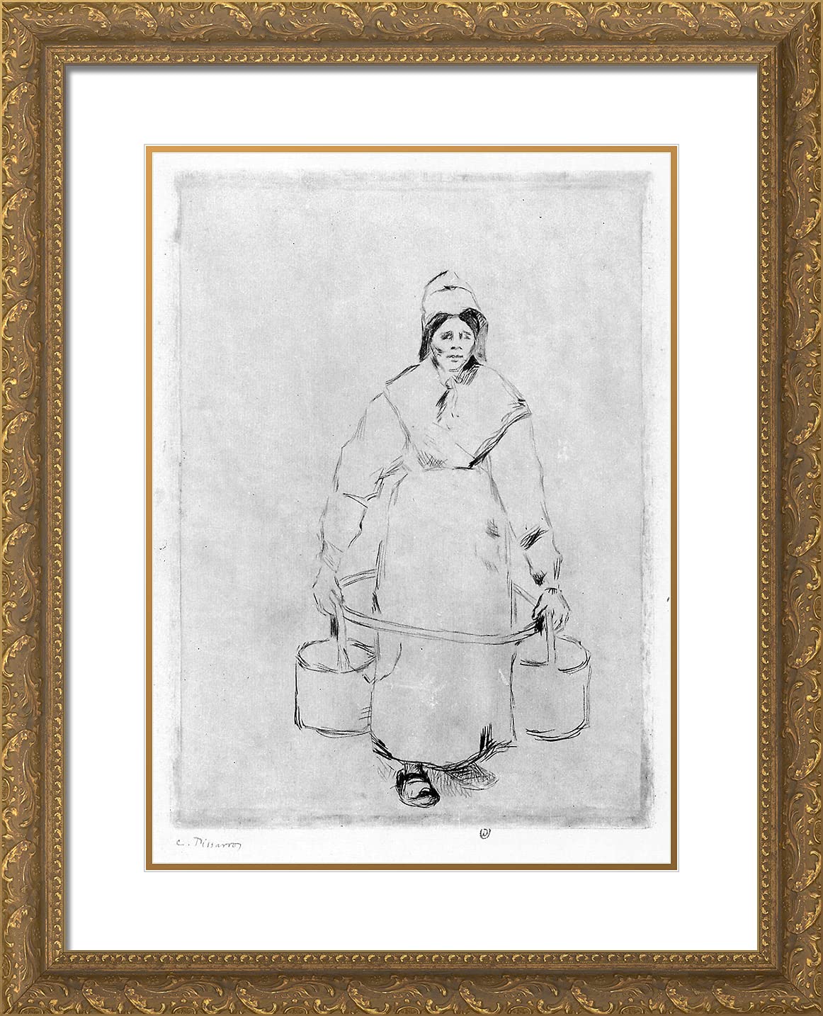 Camille Pissarro Peasant Woman at the Well - 20x24 Inch Gold Ornate Framed Art Print with Double Matting - Vintage French Impressionist Painting Reproduction for Living Room, Bedroom & Office Decor