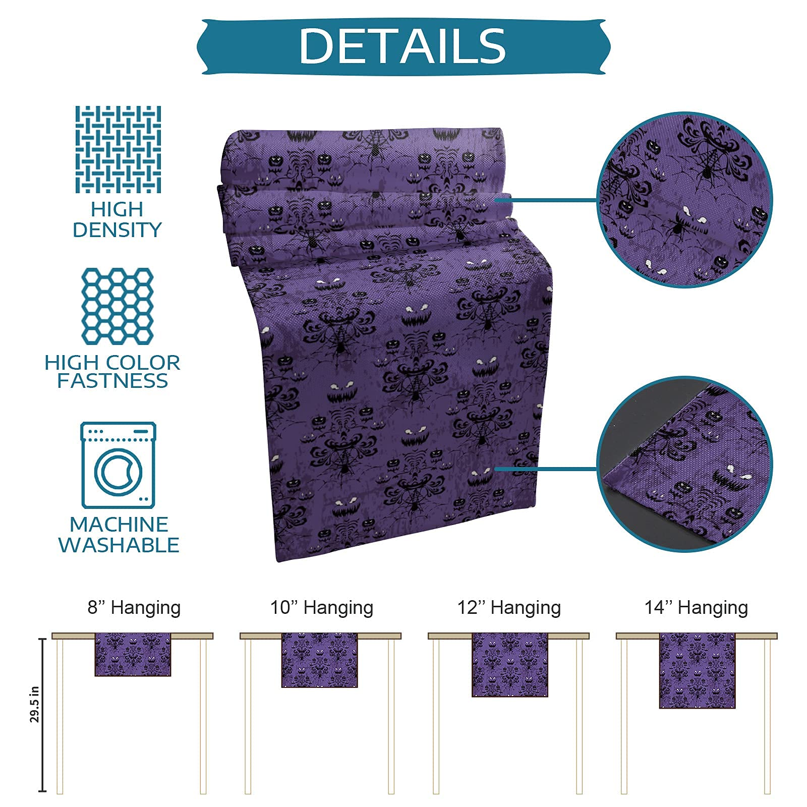 Haunted Mansion Halloween Table Runner - 13x70 Inch Spooky Ghost & Grimace Design Purple Black Decorative Tablecloth for Halloween Party Decor | Perfect for Dining Table Centerpiece, Buffet Decorations & Themed Events